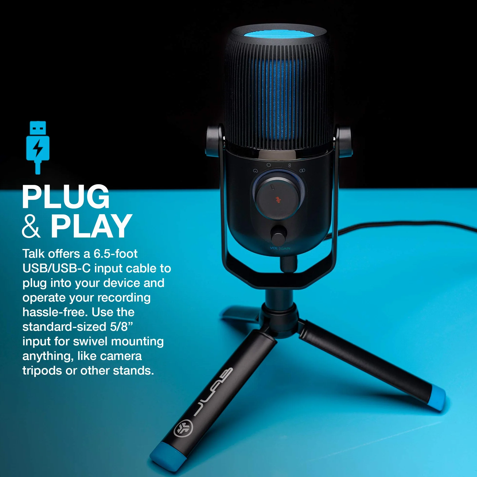 Mikrofon JLab Talk USB PC Plug and Play z USB-C, 4 charakterystykami kierunkowymi, regulacją głośności i wyciszeniem — statyw mikrofonu do strumieniowania, mikrofon do podcastów, mikrofon do gier