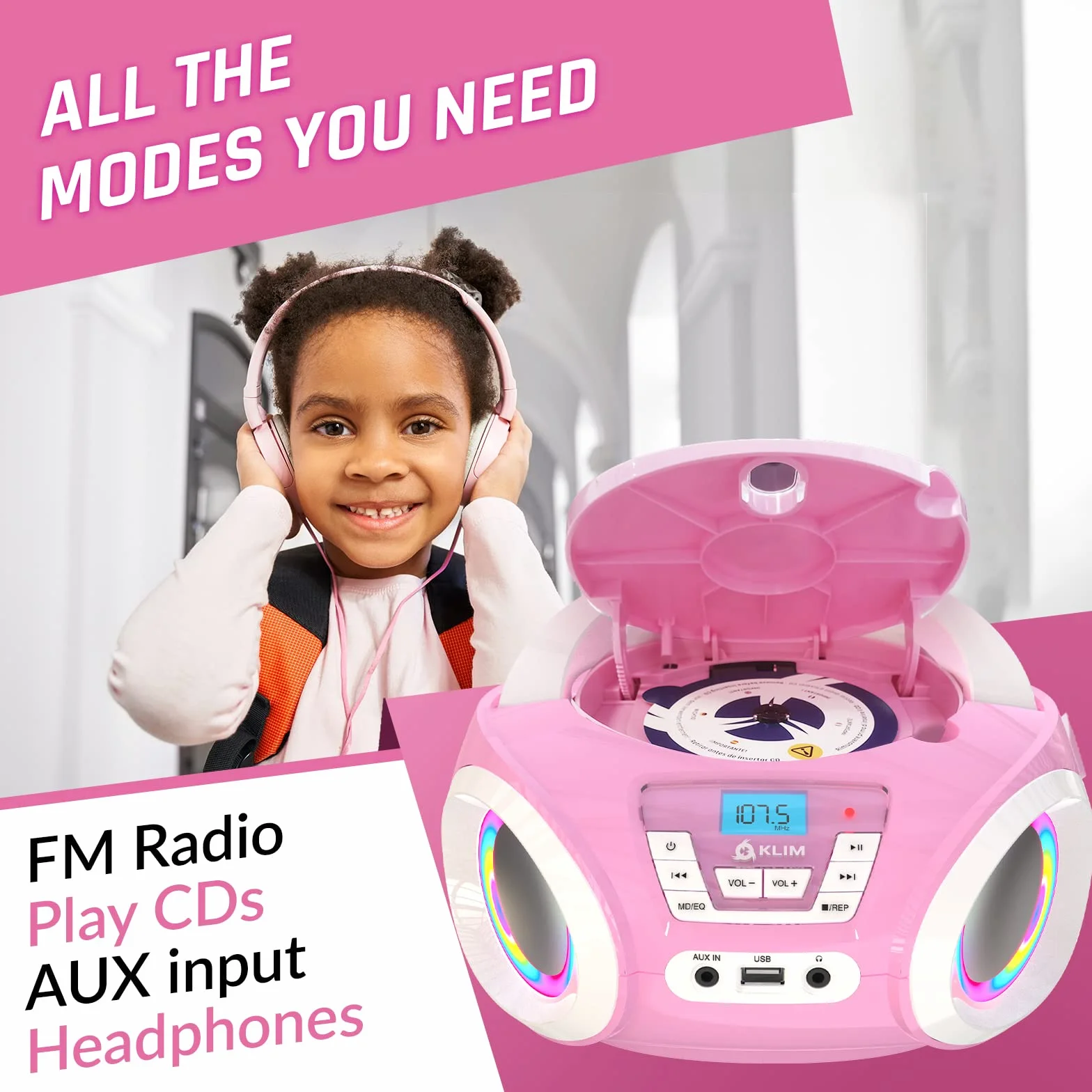 KLIM Candy Kids odtwarzacz CD dla dzieci radio FM przenośny różowy