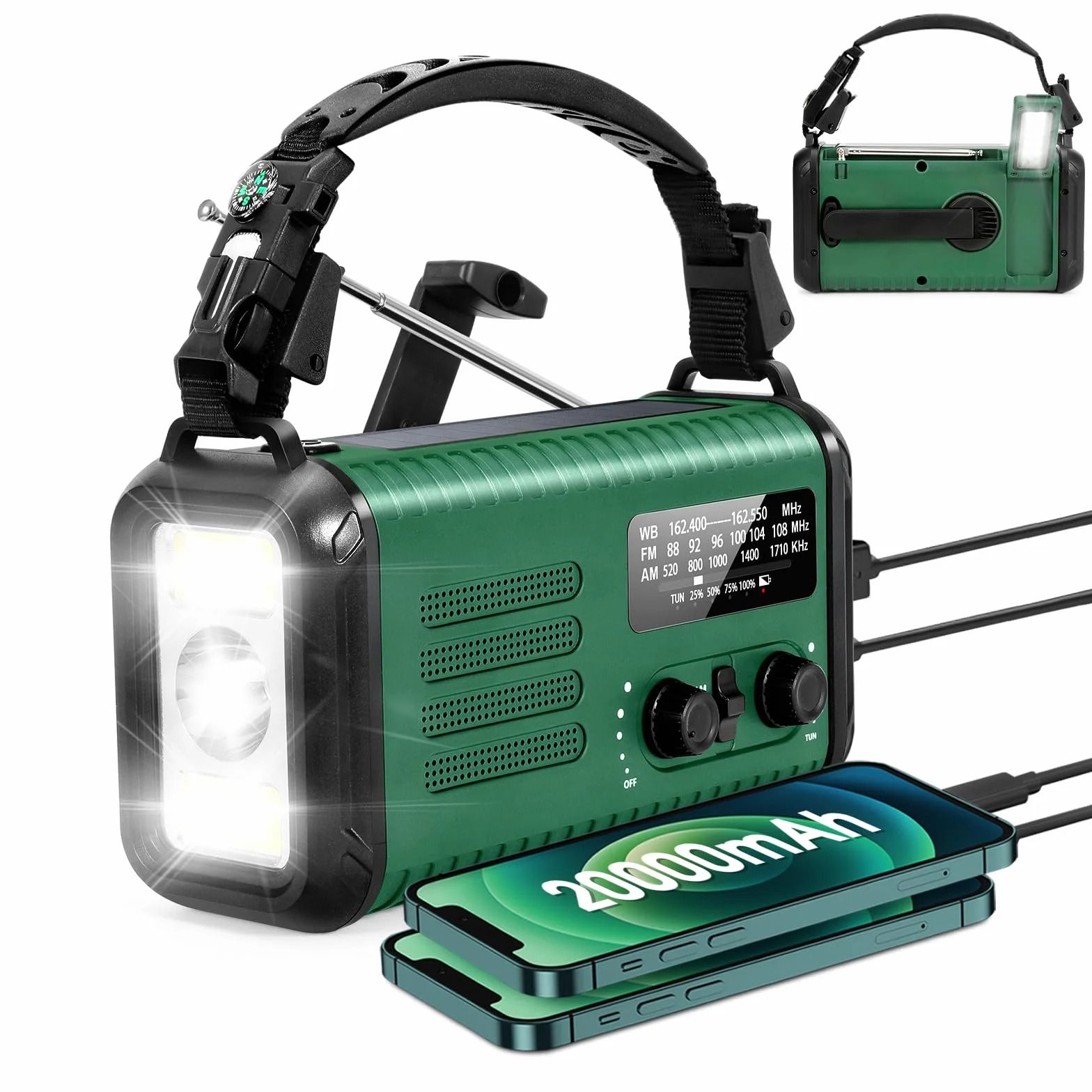 Radio awaryjne 20000 mAh / 74000 mWh, solarne radio z korbą ręczną AM/FM/NOAA, zasilanie bateryjne z ładowarką do telefonu komórkowego, alarmem SOS, latarką i lampą do czytania w nagłych wypadkach