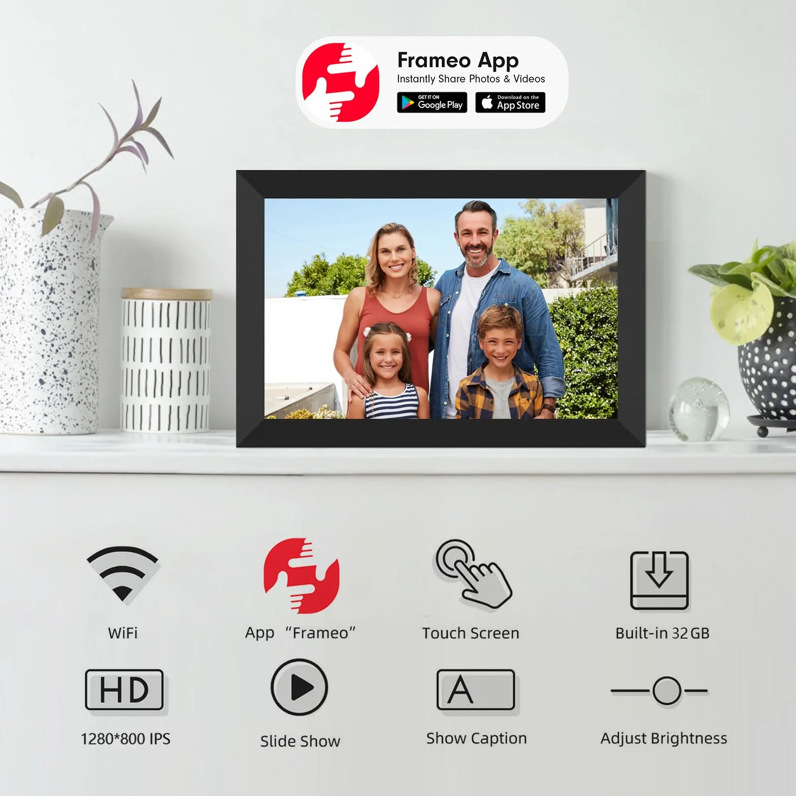 AKImart FRAMEO Cyfrowa ramka na zdjęcia, WiFi, 32 GB, 10,1" ekran dotykowy IPS, Smart Cloud, obrotowa ramka, natychmiastowe udostępnianie