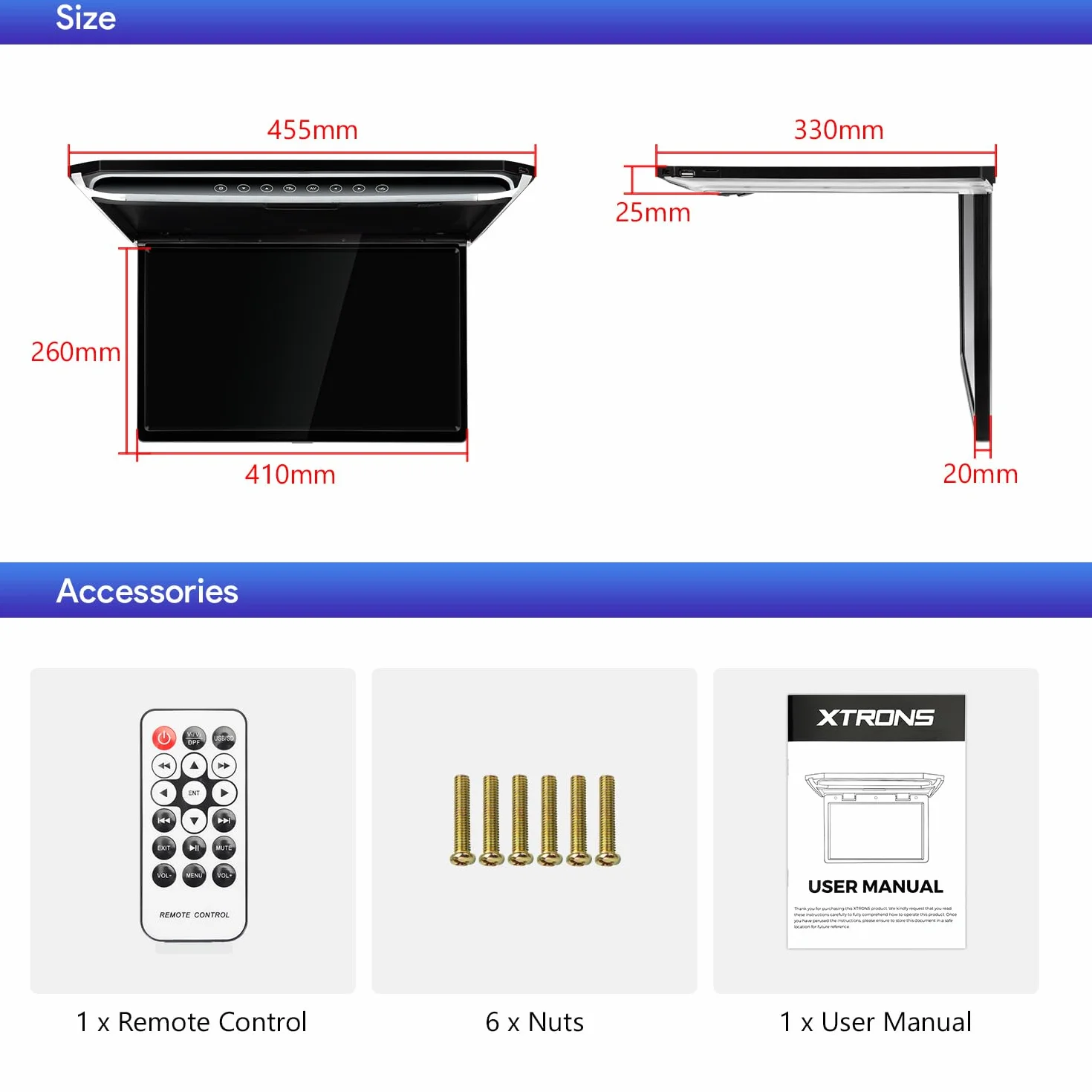 XTRONS 17,3-calowy cyfrowy ekran TFT FHD 1080P samochodowy odtwarzacz sufitowy z HDMI SD USB Infrared FM