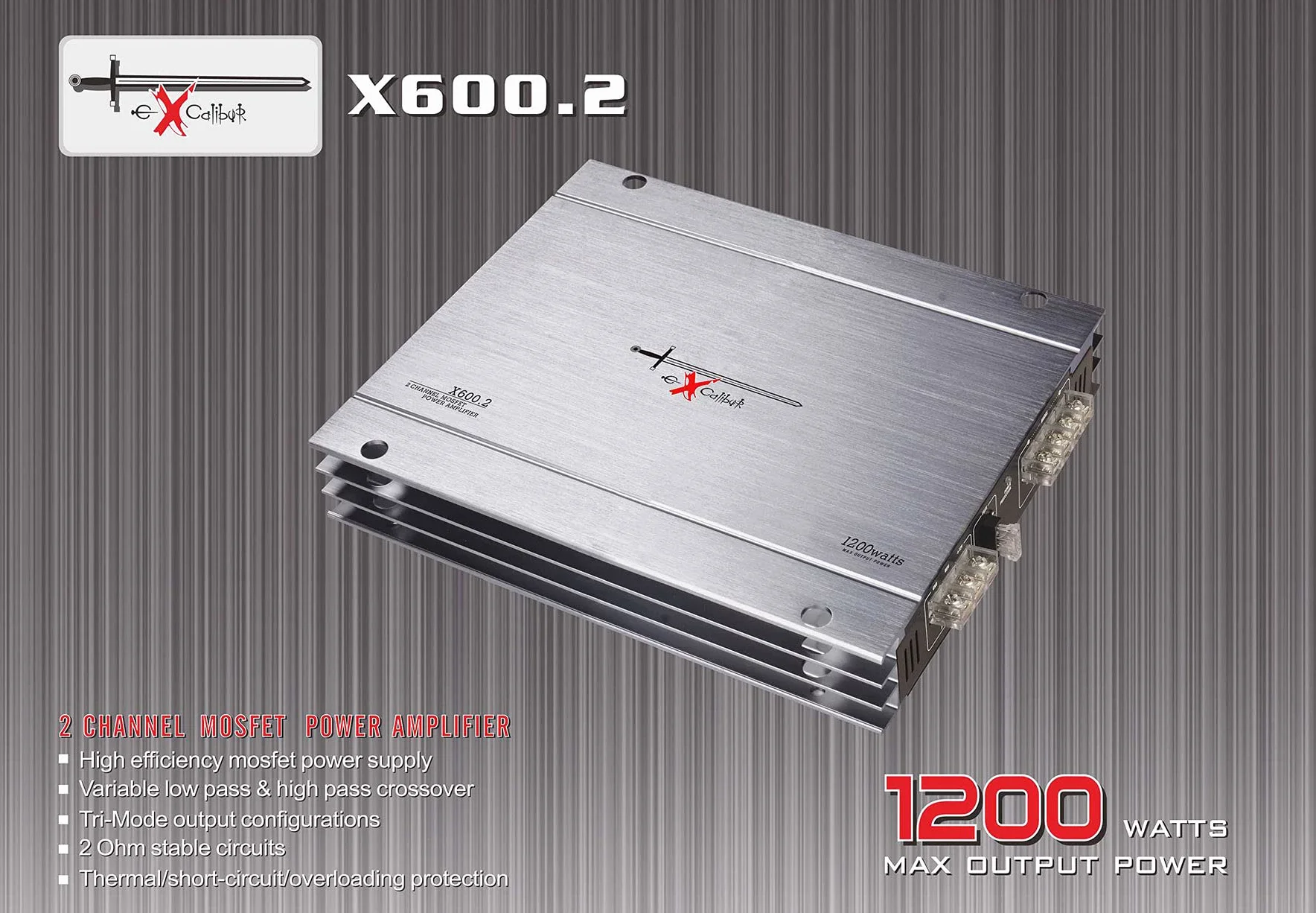 Excalibur X600.2 wzmacniacz samochodowy, 2 kanały, moc 1200 W, Crossover, 2 omy