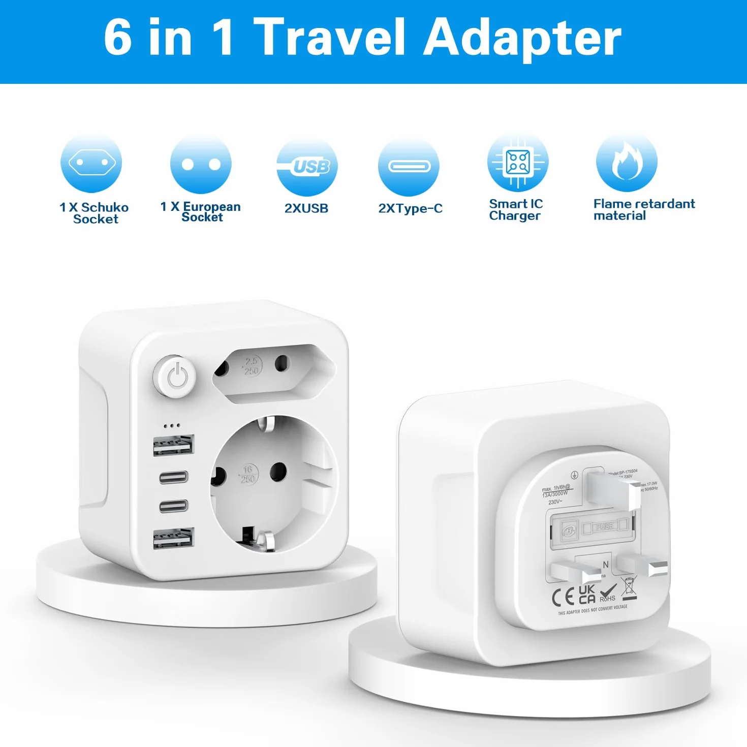 Wtyczka UK z 2 USB i 2 USB C (3,4 A, 17 W), typ G do Anglii, Irlandii, Wielkiej Brytanii, ładowarka