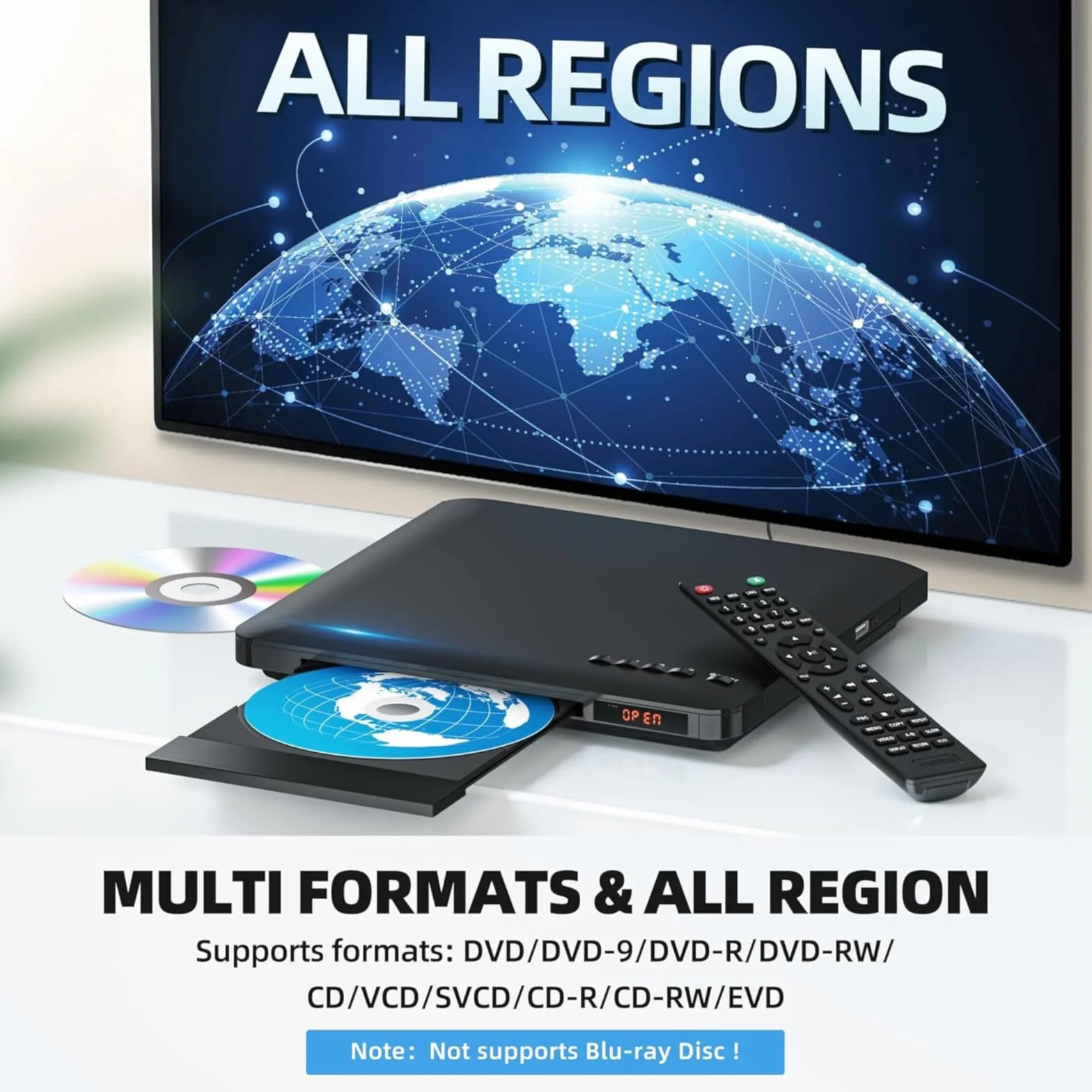 Odtwarzacz DVD do telewizora z wyjściem HDMI RCA, odtwarzacz DVD dla wszystkich regionów z funkcją odtwarzania z pamięci, skalowanie HD 1080P, wejście USB, zintegrowany system NTSC/PAL, kabel