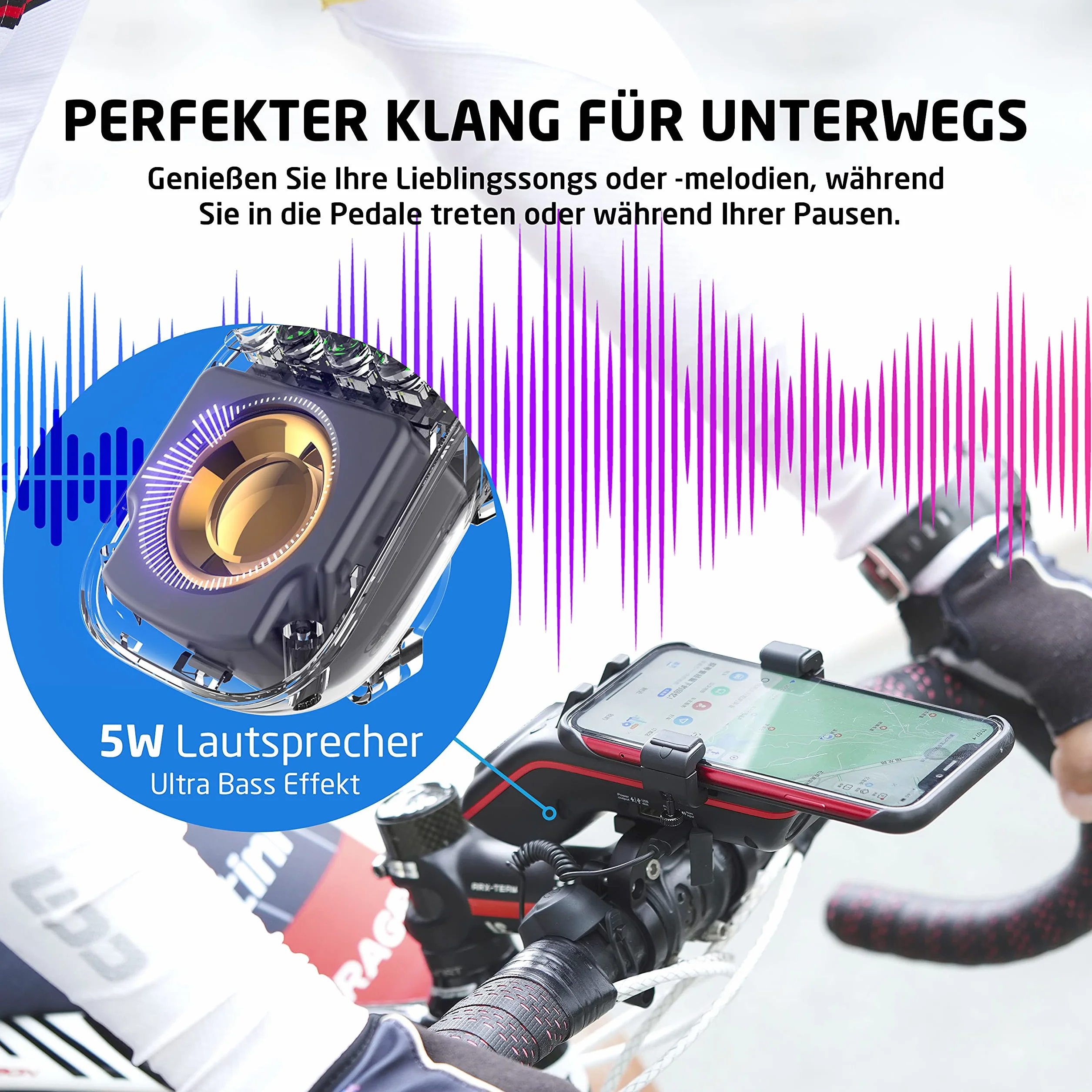 UPPEL Uchwyt rowerowy na telefon komórkowy z głośnikiem Bluetooth, powerbank 5000 mAh, dzwonek, mikrofon – wielofunkcyjny tryb TF/SD/AUX, do ekstremalnych i rekreacyjnych sportów rowerowych, rowerów