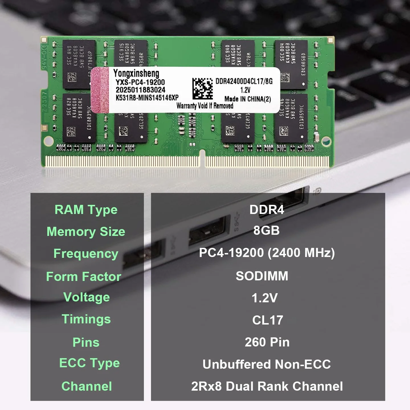 Yongxinsheng DDR4 8GB Pamięć RAM do laptopa PC4-19200 SODIMM 2400MHz 1.2V
