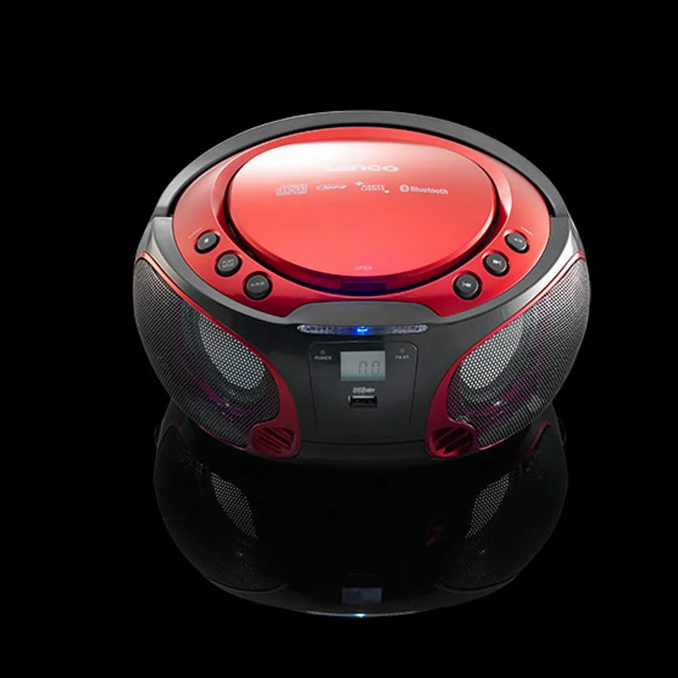 Lenco SCD-550 Boombox imprezowy z oświetleniem dyskotekowym, przenośny stereo, radio FM, CD, Bluetooth, USB, czerwony