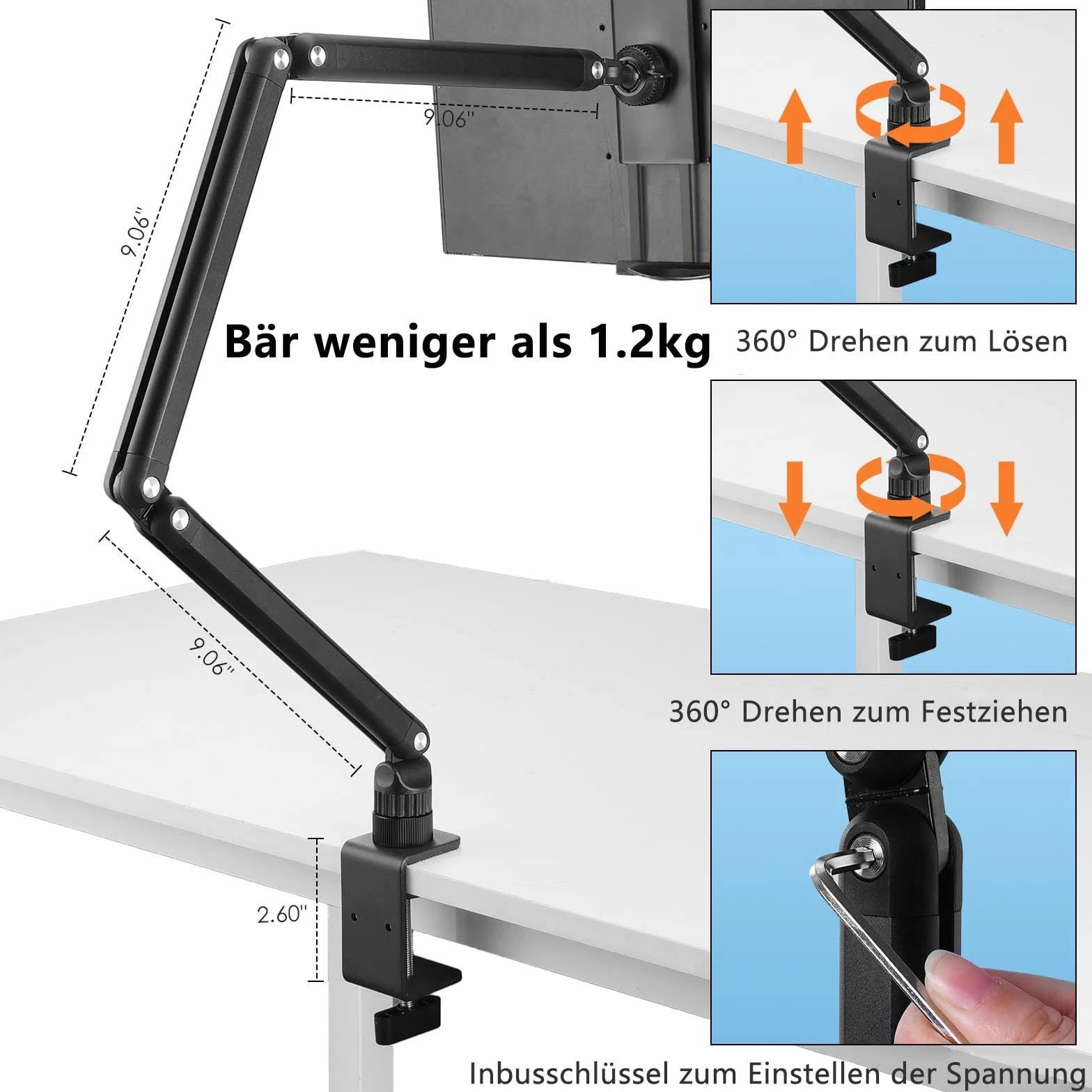 Stojak na tablet iPad, przenośny stojak na monitor, uchwyt biurkowy do ekranu 15,6" 16", aluminium, długi rękaw z podstawą obracającą się o 360°, kompatybilny z ipadami o 4,7-12,9", Kindle
