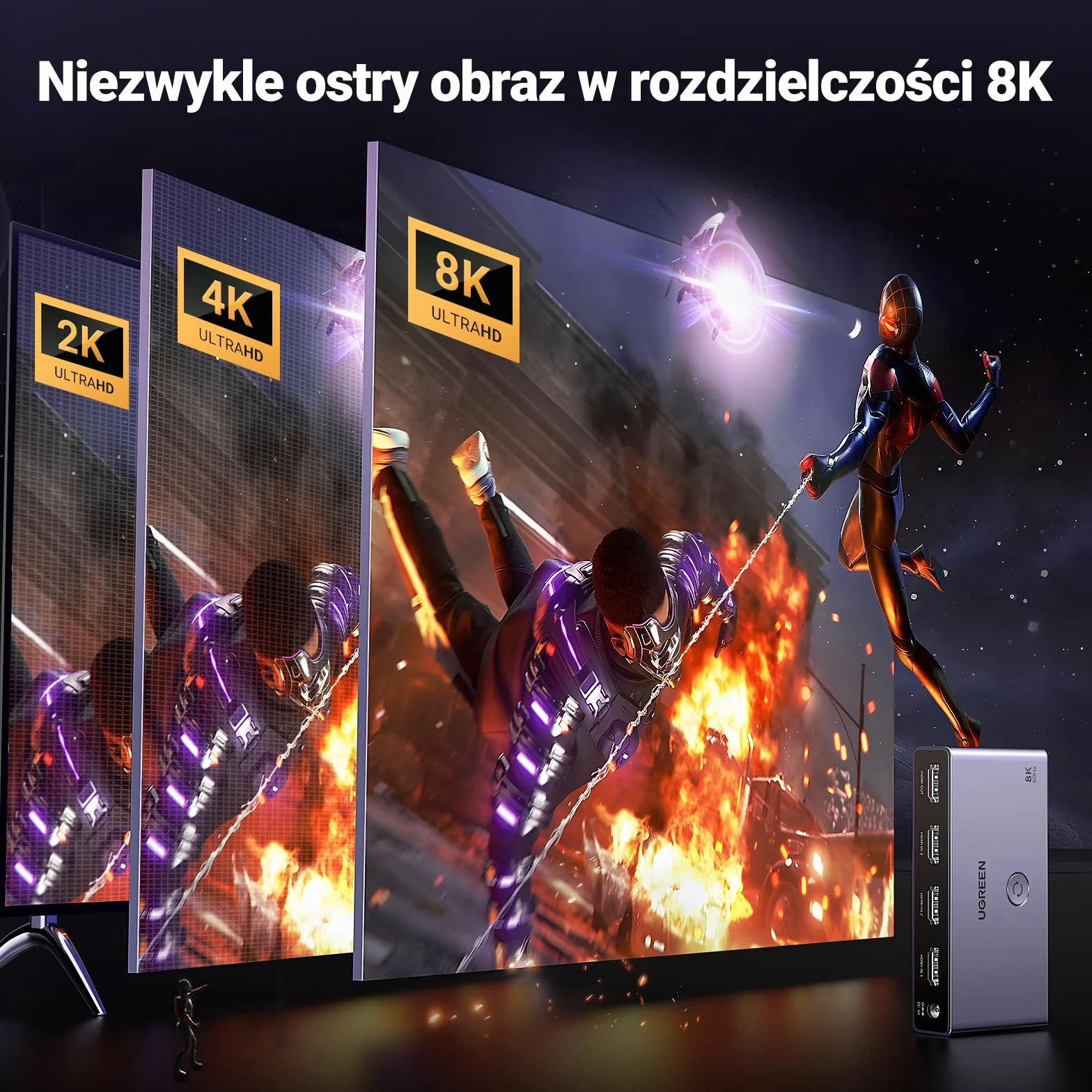 UGREEN Przełącznik HDMI 2.1, rozdzielacz HDMI 4K przy 120 Hz, wyjście 3 w 1, 8K przy 60 Hz, obsługa HDCP 2.3, VRR i ALLM, Dolby Vision i Atmos, wysoka prędkość 48 Gb/s dla PS5, Xbox, TV Box