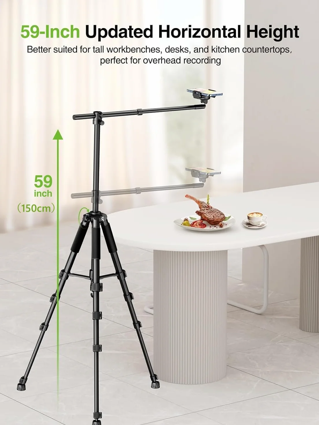 elitehood Statyw do telefonu do nagrywania wideo z góry – ulepszony poziomy regulowany statyw 150 cm do iPhone'a z 64 cm długim wysuwanym ramieniem, obrotowy o 360° uchwyt stojaka na iPhone'a do