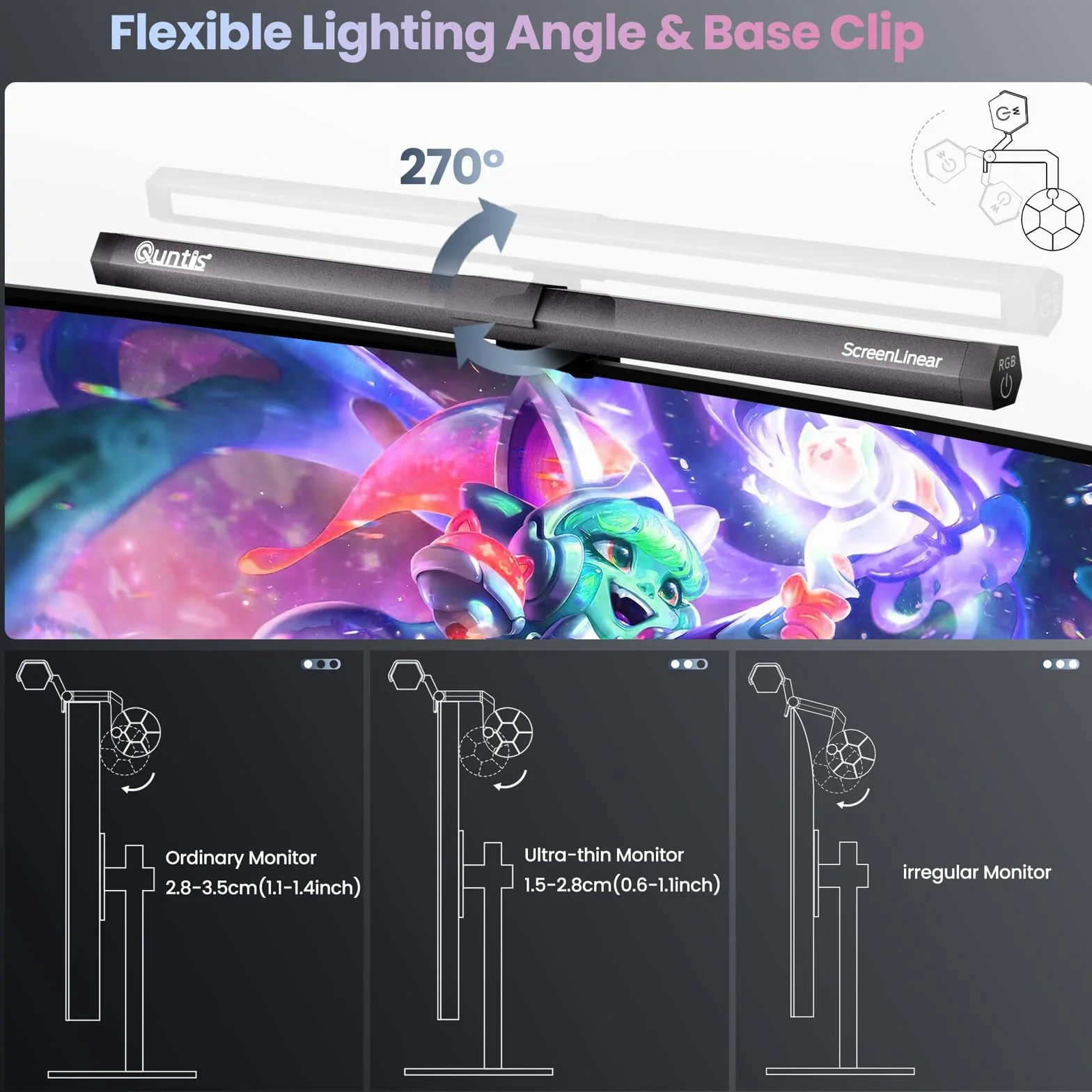 Quntis Lampa do monitora komputerowego z dekoracyjnym podświetleniem RGB, monitor Light Bar z funkcją Touch Control, światło anty-niebieskie, lampa do monitora USB z regulacją temperatury barwowej