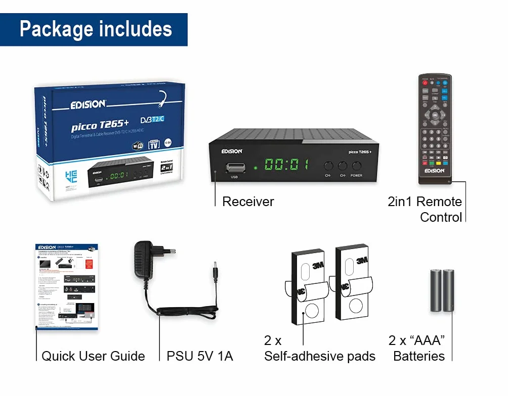 Odbiornik DVB-T2/C H.265 FTA Full HD PVR USB HDMI EDISION PICCO T265+