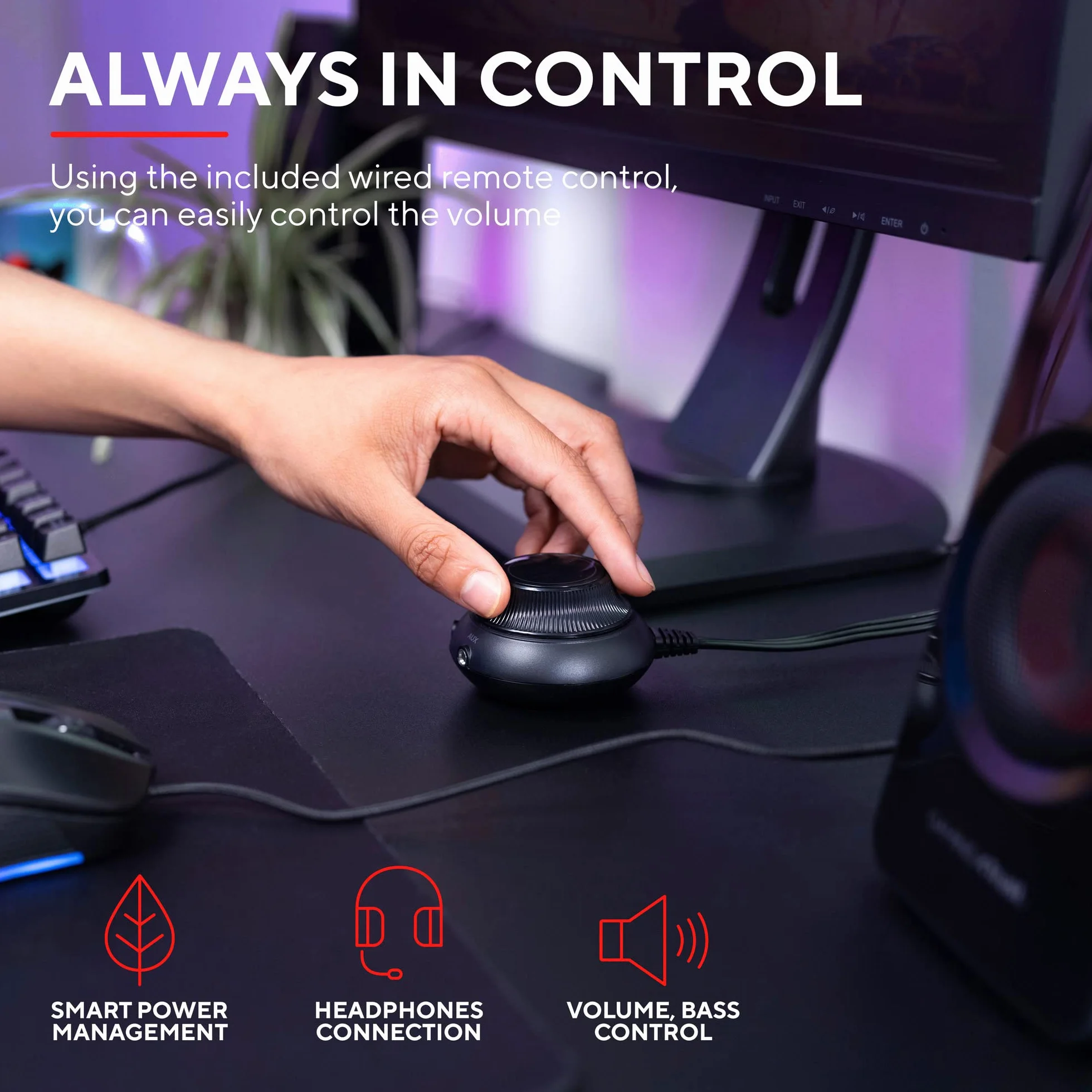 Trust Gaming GXT 38 Głośnik PC Gamer 2.1 z subwooferem, 120 W, inteligentne zarządzanie zasilaniem, regulacja głośności przewodowej, głośnik do komputerów PC i laptopa - czarny/czerwony