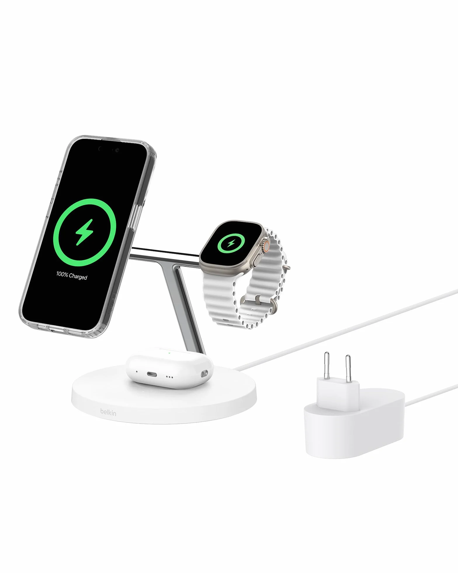 Belkin BoostCharge ładowarka Qi2 3 w 1, stacja do ładowania bezprzewodowego zgodna z MagSafe, ładowarka Qi2 do urządzeń Apple iPhone serii 16, Apple Watch i AirPods, zasilacz w zestawie – biała