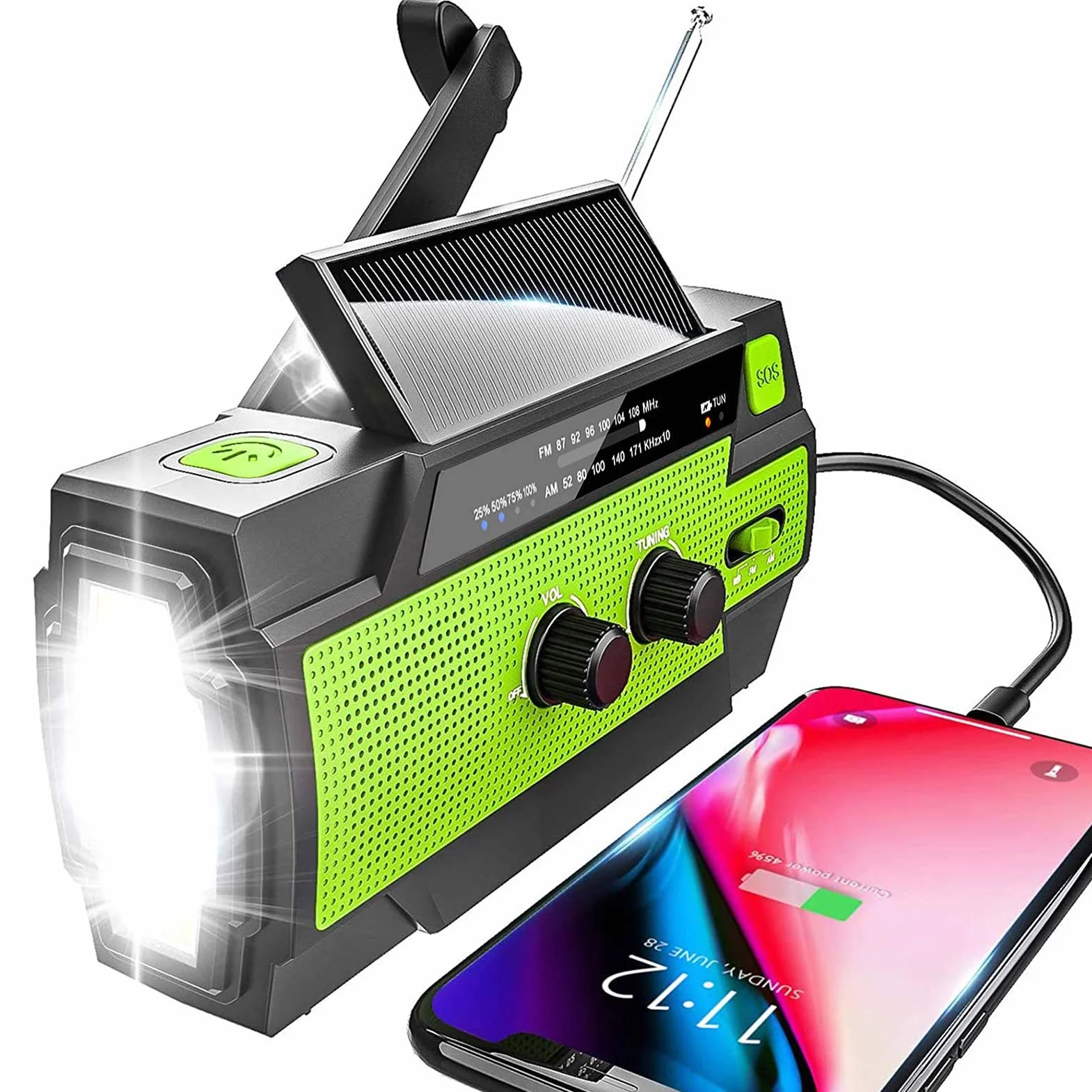 Radio solarne AM/FM korbowe przenośne USB awaryjne akumulator 4000 mAh dynamo zielone