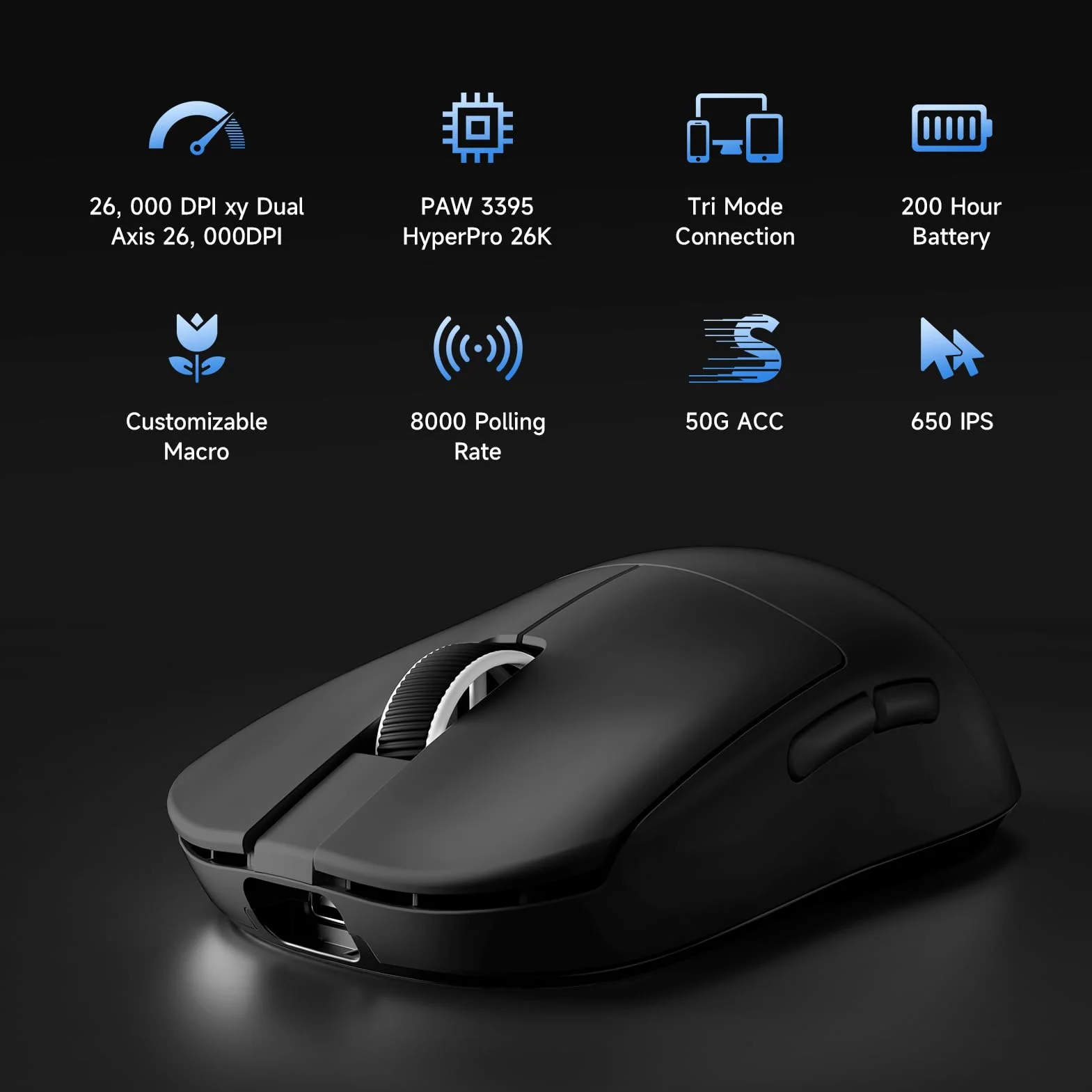 MCHOSE L7 Pro ultralekka mysz do gier 39G, bezprzewodowa 8K, 26000 DPI, 2.4G/BT/USB-C