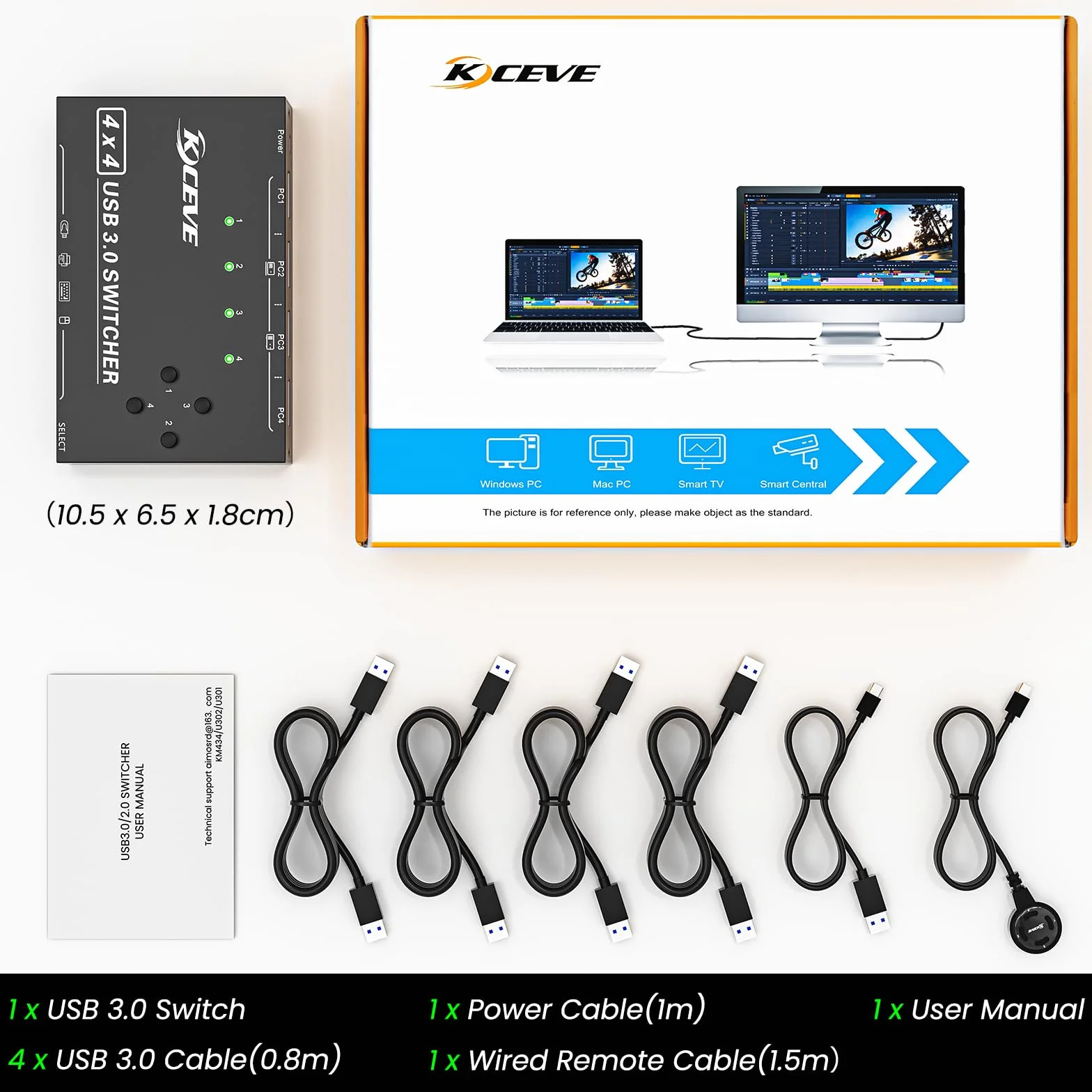 Przełącznik USB 3.0 do 4 komputerów, YOUTINGHDAV 4 wejścia i 4 wyjścia, Switch USB 3.0, do klawiatury, myszy, drukarki, skanera, z przewodowym pilotem i 4 kablami USB 3.0