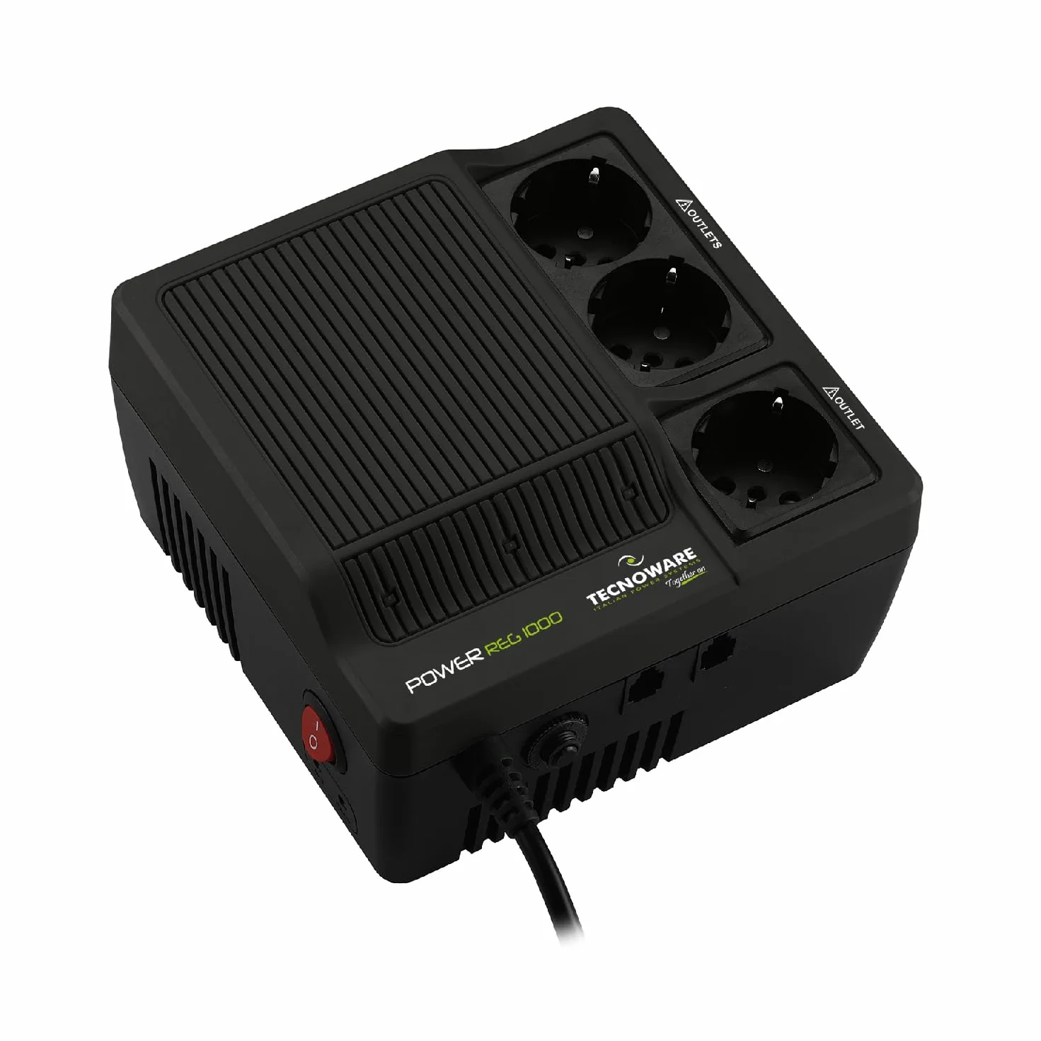 Tecnoware Power Systems PowerReg 1000VA, Stabilizator napięcia jednofazowy, Ochrona przed skokami, pikami i spadkami napięcia dla: TV, systemów HiFi, drukarek, małych urządzeń domowych i biurowych