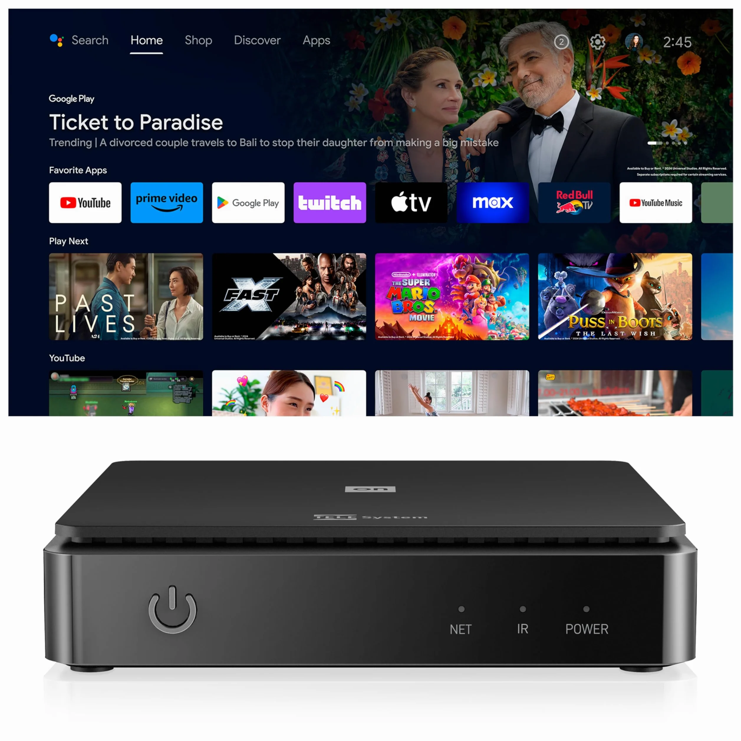 TELE System ON T2 HD: Dekoder naziemny cyfrowy Android TV, Smart TV Upgrade, Tuner DVB-T2 HEVC HDR10+HLG, HDMI, Adapter SCART w zestawie - Certyfikowany przez Google