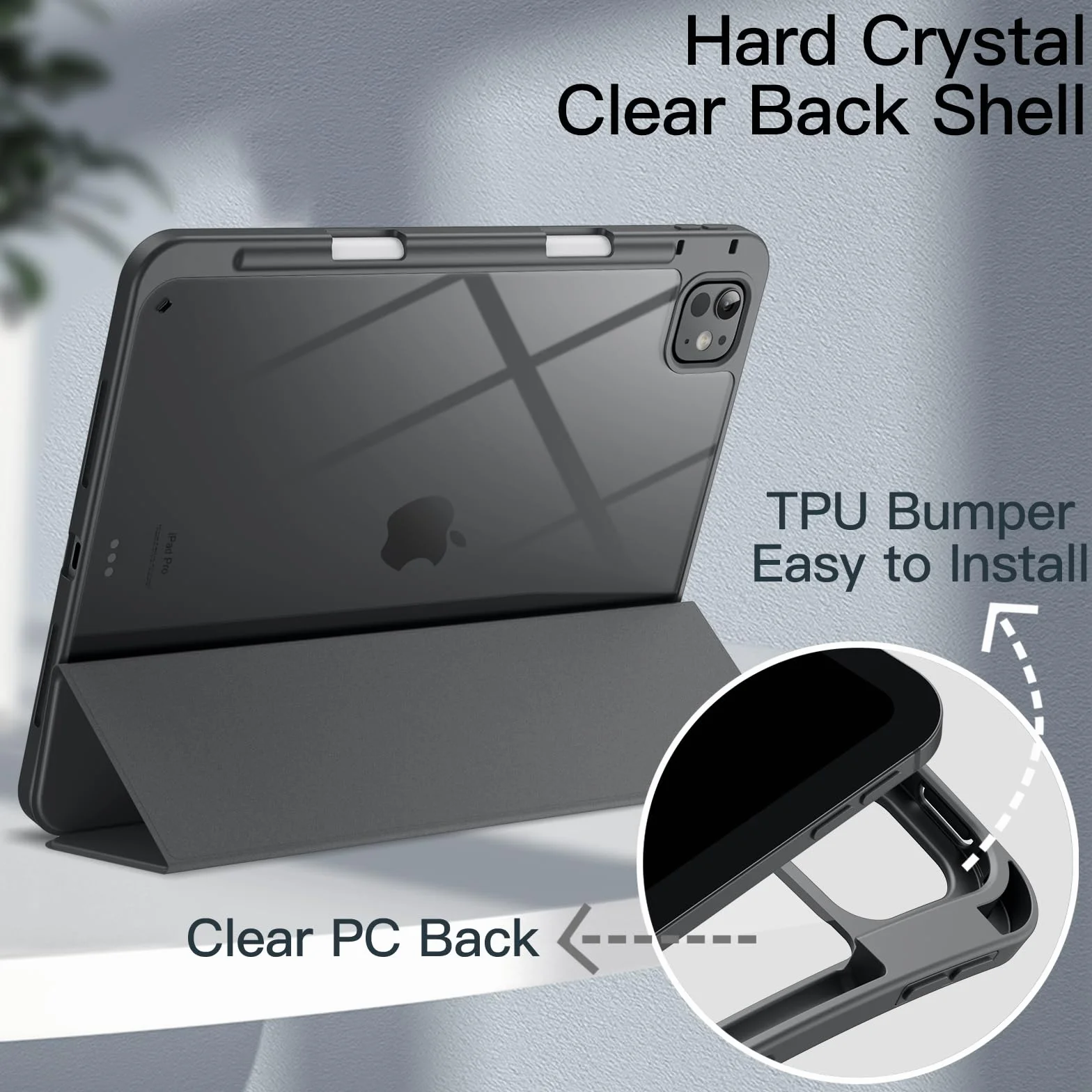 JETech Etui dla iPad Pro 11 Cala M5/M4 2025/2024 (6./5. Generacji) z Pencil Uchwyt, Przejaśniać Przezroczyste Tylna Skorupa Smukłą Podstawkę Odporny na Wstrząsy Osłoną Tabletu (Gwiezdna Szarość)