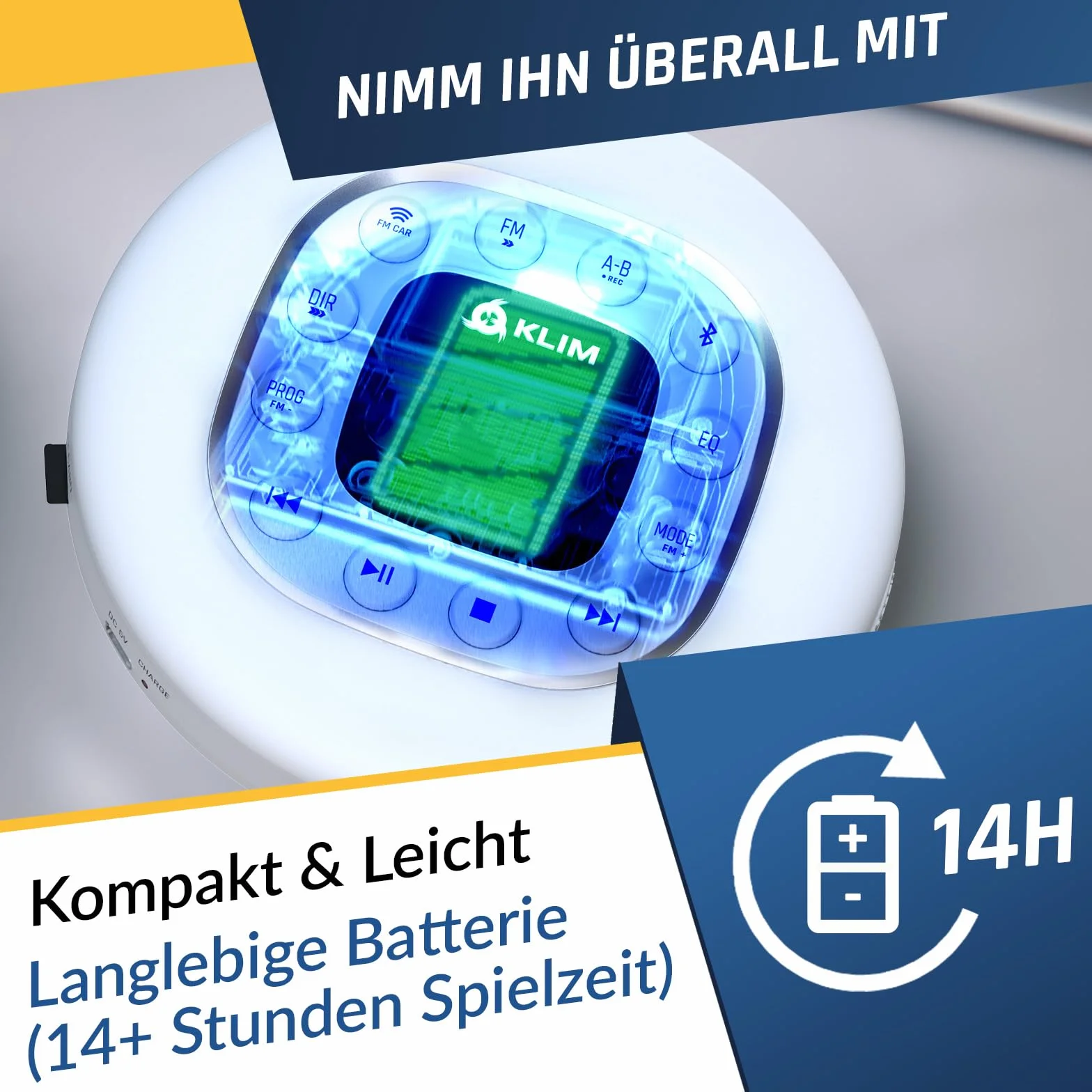 KLIM Journey + przenośny odtwarzacz CD Walkman z długą żywotnością baterii + NOWOŚĆ + słuchawki w zestawie + radio FM + kompatybilny z MP3 + karta SD, nadajnik FM, Bluetooth + idealny do samochodu -