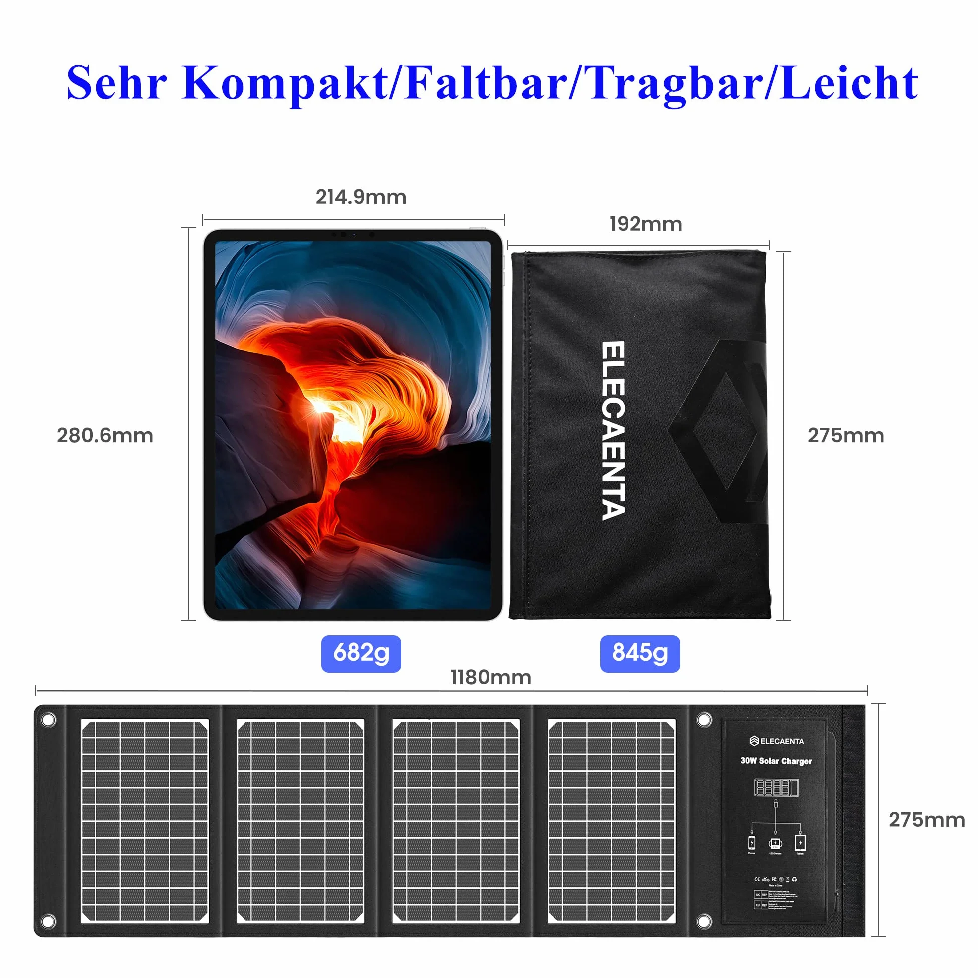 ELECAENTA 30W ETFE Przenośna Ładowarka Solarna 3 Porty USB PD18W QC3.0 USB-C Zamek Panel Słoneczny Przenośny Zestaw Paneli Słonecznych Wodoodporny dla Telefonów Komórkowych Smartfonów Tablet Powerbank
