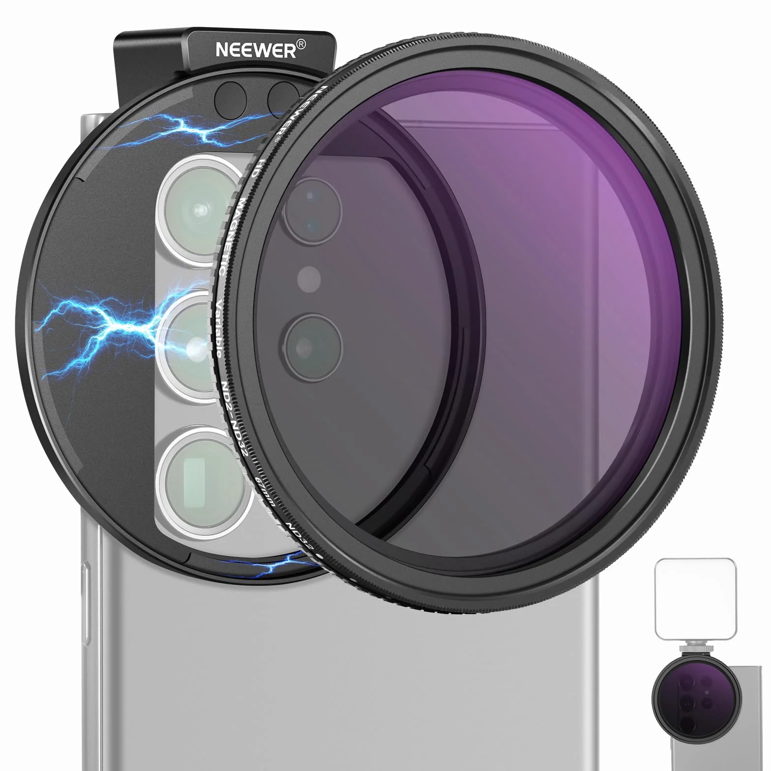 NEEWER 67 mm Clip On Variable ND2-ND32 filtr obiektywu telefonu magnetyczny adapter pierścień zimna stopka pokrętło blokujące HD do iPhone 15 Pro