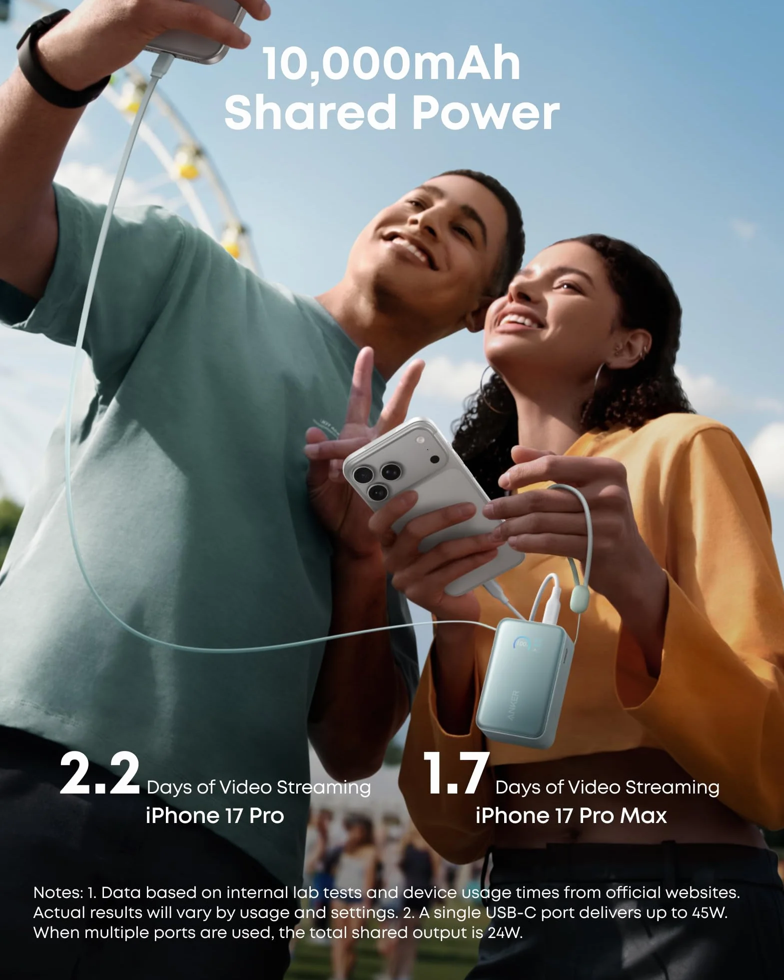 Powerbank Anker Nano, zewnętrzny akumulator 10 000 mAh z 70-centymetrowym zwijanym kablem Anker InstaCord, kompaktowa bateria o mocy maks. 45 W, inteligentny wyświetlacz (zielony)
