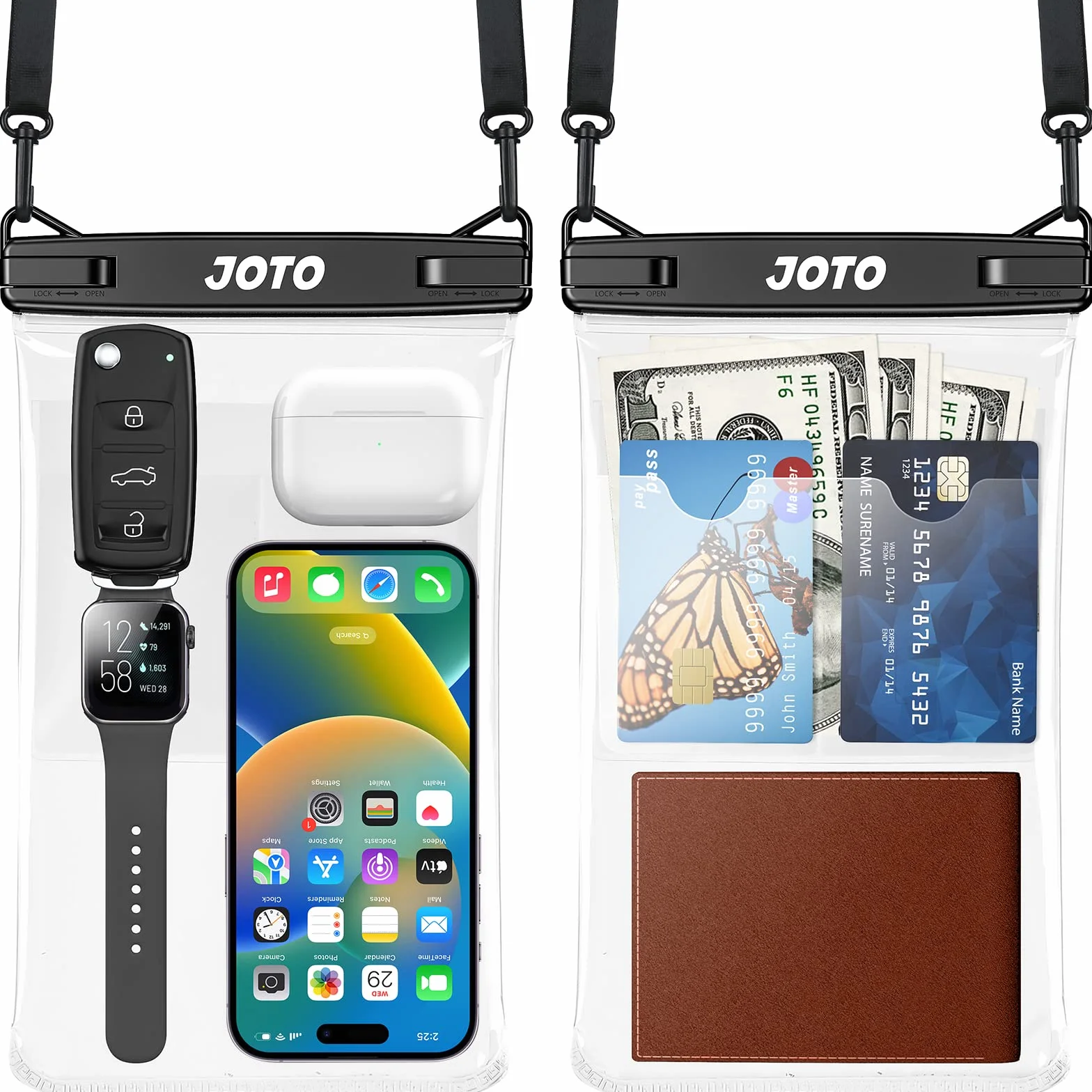 JOTO Duża wodoodporna torba na telefon, IPX8, duża, sucha, podwodna torba na telefon ze smyczą na iPhone'a 15, 14, 13 Pro Max, Galaxy S24 Ultra, S23, S22, wodoodporny portfel na plażę, 2 sztuki,