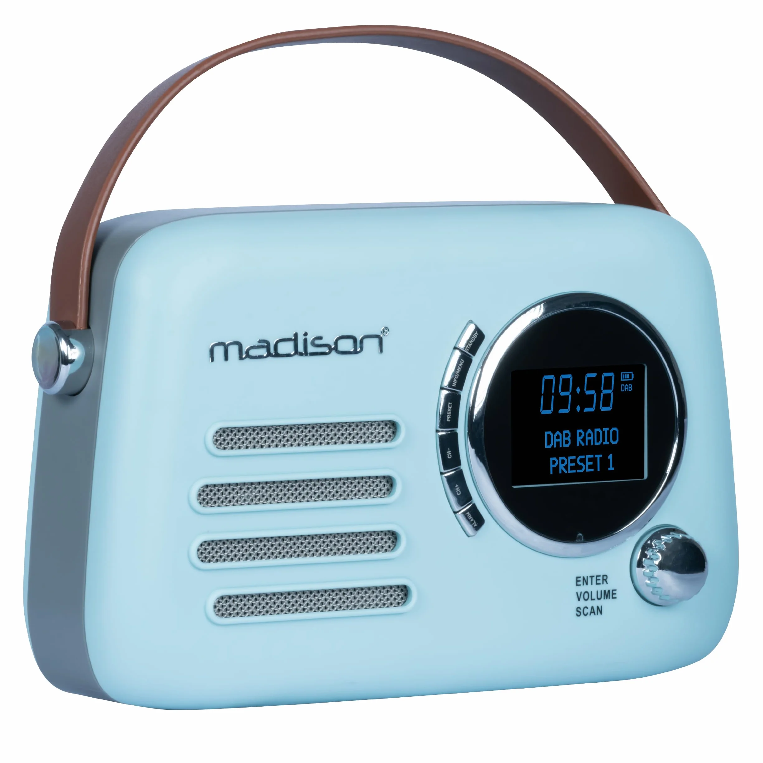 Madison FREESOUND-VR30BL-DAB Radio DAB+ Vintage z Baterią Długiej Żywotności DAB+ FM Bluetooth USB Subwoofer Matowy Niebieski