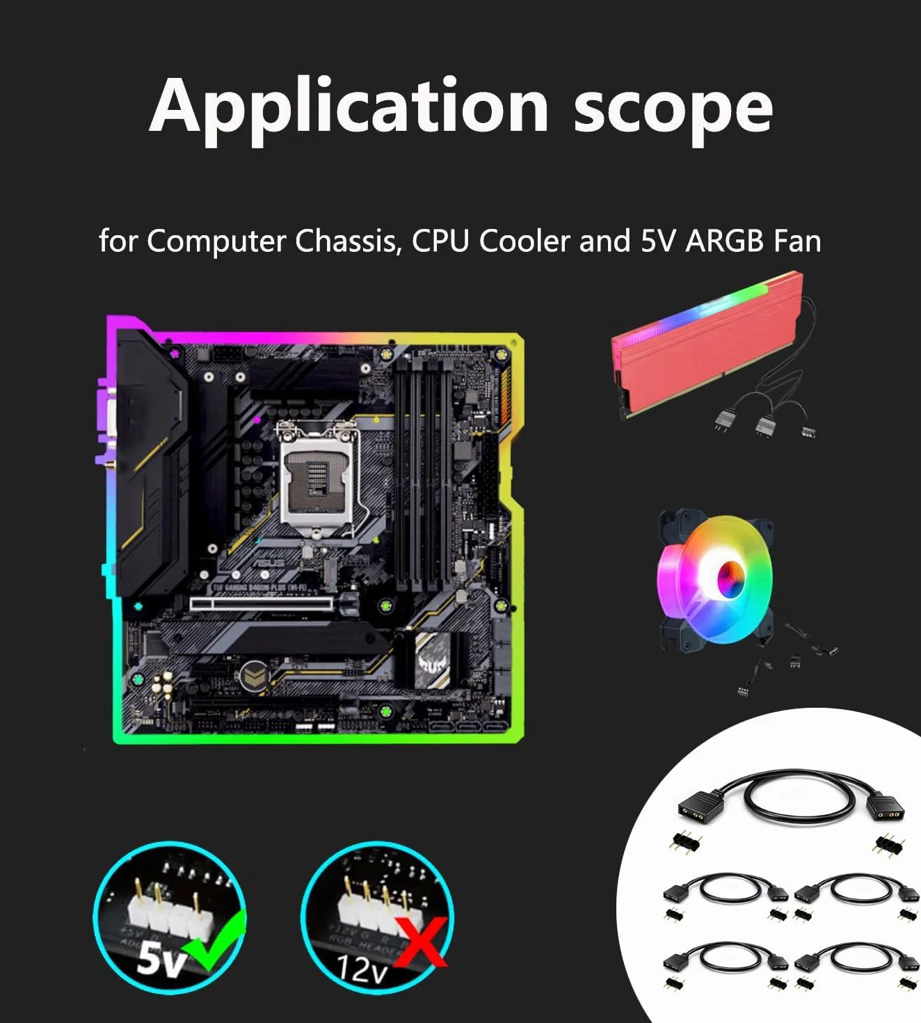 RUNCCI-YUN 5 sztuk 5 V 3-pinowy kabel przedłużający ARGB 3-pinowy, żeński na żeński ARGB przedłużacz wentylatora RGB do komputerów PC i serii LED (30 cm, czarny)