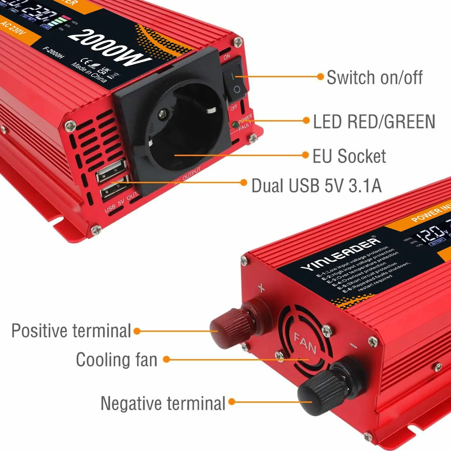 Yinleader Power Inverter 12V 220V 1000W / 2000W Przetwornica napięcia z wyświetlaczem LCD 2USB
