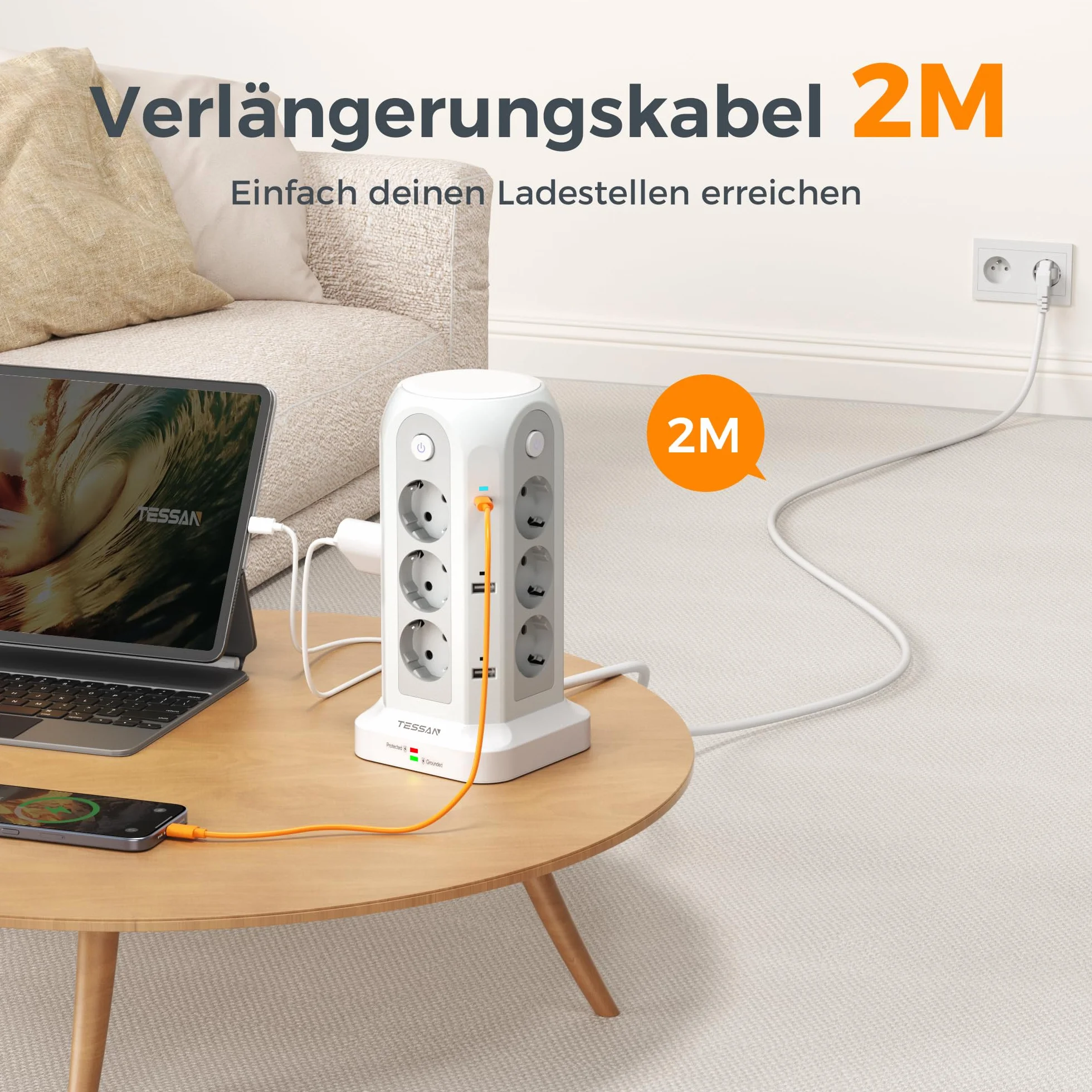 TESSAN 12 składanych gniazd, listwa zasilająca z 4 USB A i 2 USB C, przedłużacz z wieloma wtyczkami 2 m, listwa zasilająca z USB i przełącznikiem do domowego biura, szaro-biały