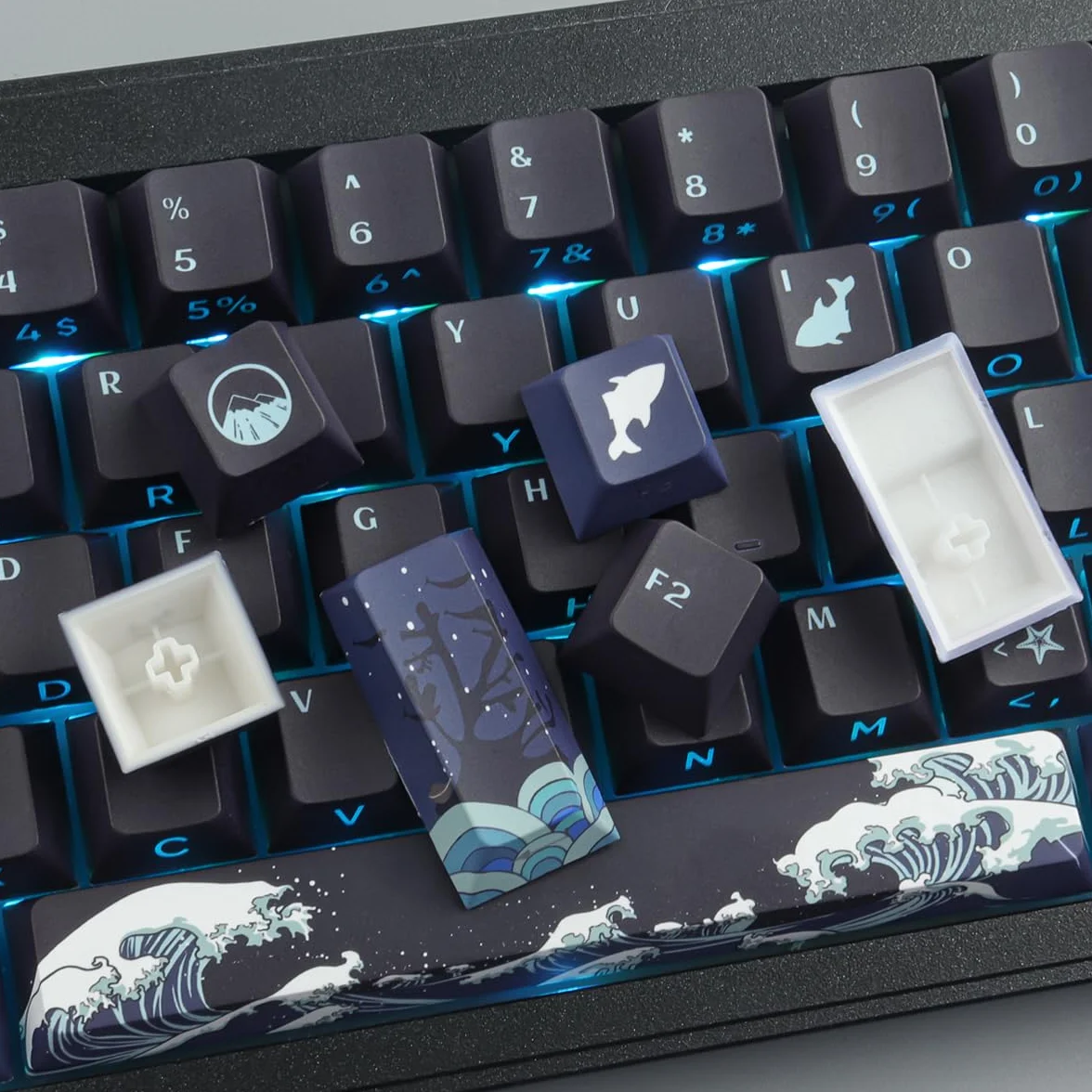 Sunzit PBT Custom Keycaps, 129 klawiszy Coral Sea nakładki na klawisze Cherry Profile Dye-Sub Shine Through Side Printed Keycaps do mechanicznej klawiatury gamingowej ISO/ANSI UK Layout (czarne)