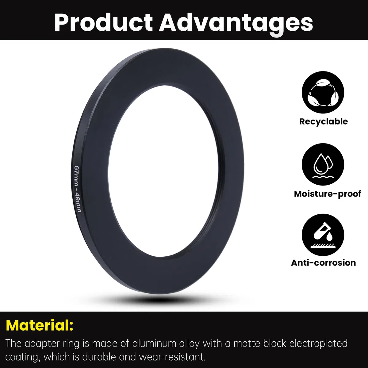 Metalowy adapter do filtra Step-Down Ring – 67 mm na 49 mm – metalowy pierścień step-down adapter do filtrów, kompatybilny ze wszystkimi 49 mm UV, CPL, ND, osłonami obiektywu, obiektywami gwintowanymi