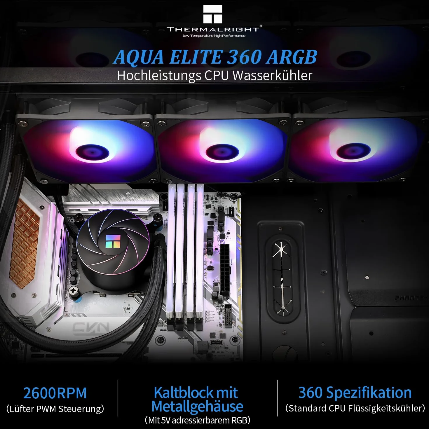 Thermalright Aqua Elite 360 ARGB Chłodzenie CPU ciekłe AIO, 3x120mm PWM, AM4/AM5, Intel LGA1700/1851