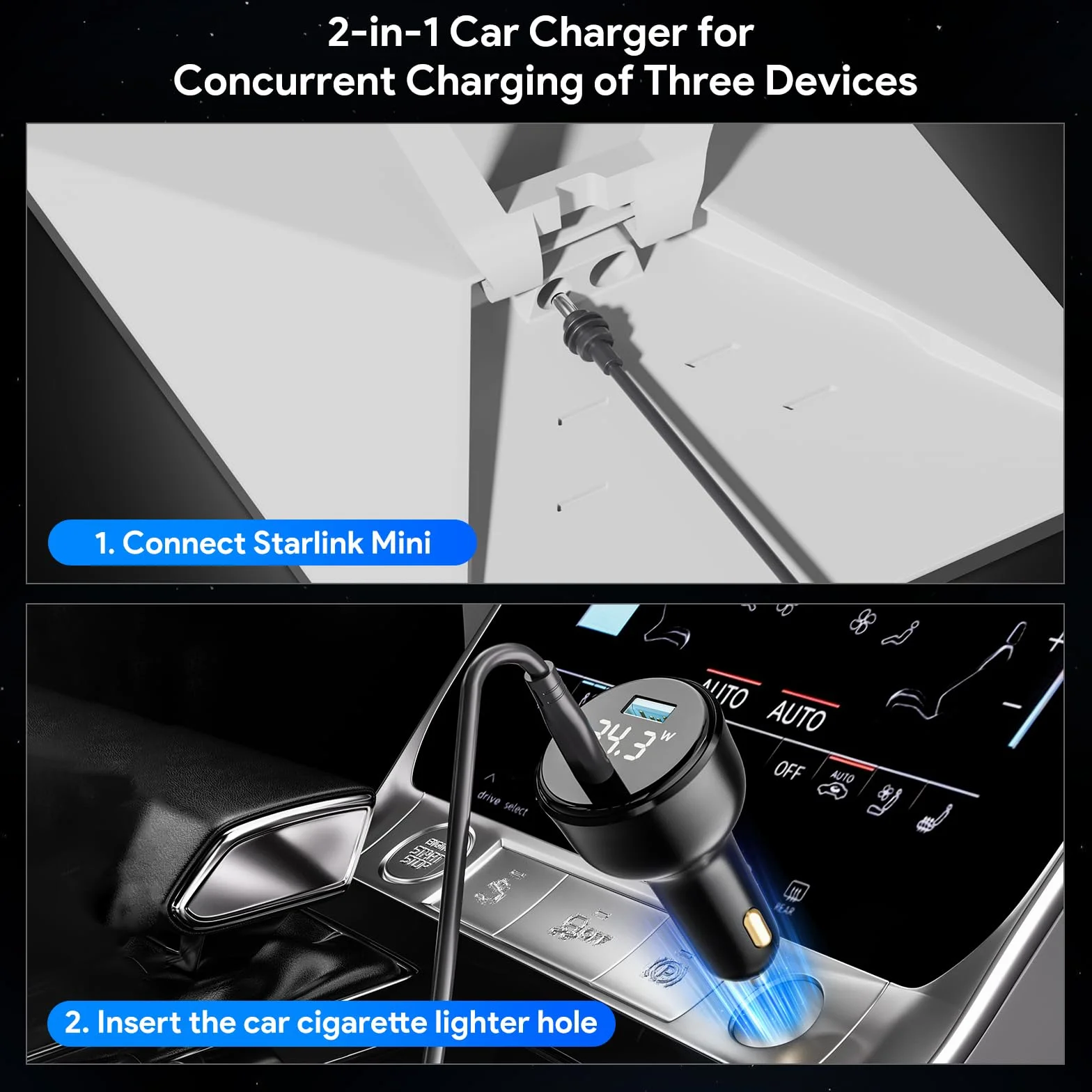 EDUP Star Link Mini adapter samochodowy, kabel zasilający DC + adapter do zapalniczki samochodowej Star Link 12 V-24 V z cyfrowym wyświetlaczem, wodoodporny kabel do ładowania samochodu ze złączem USB