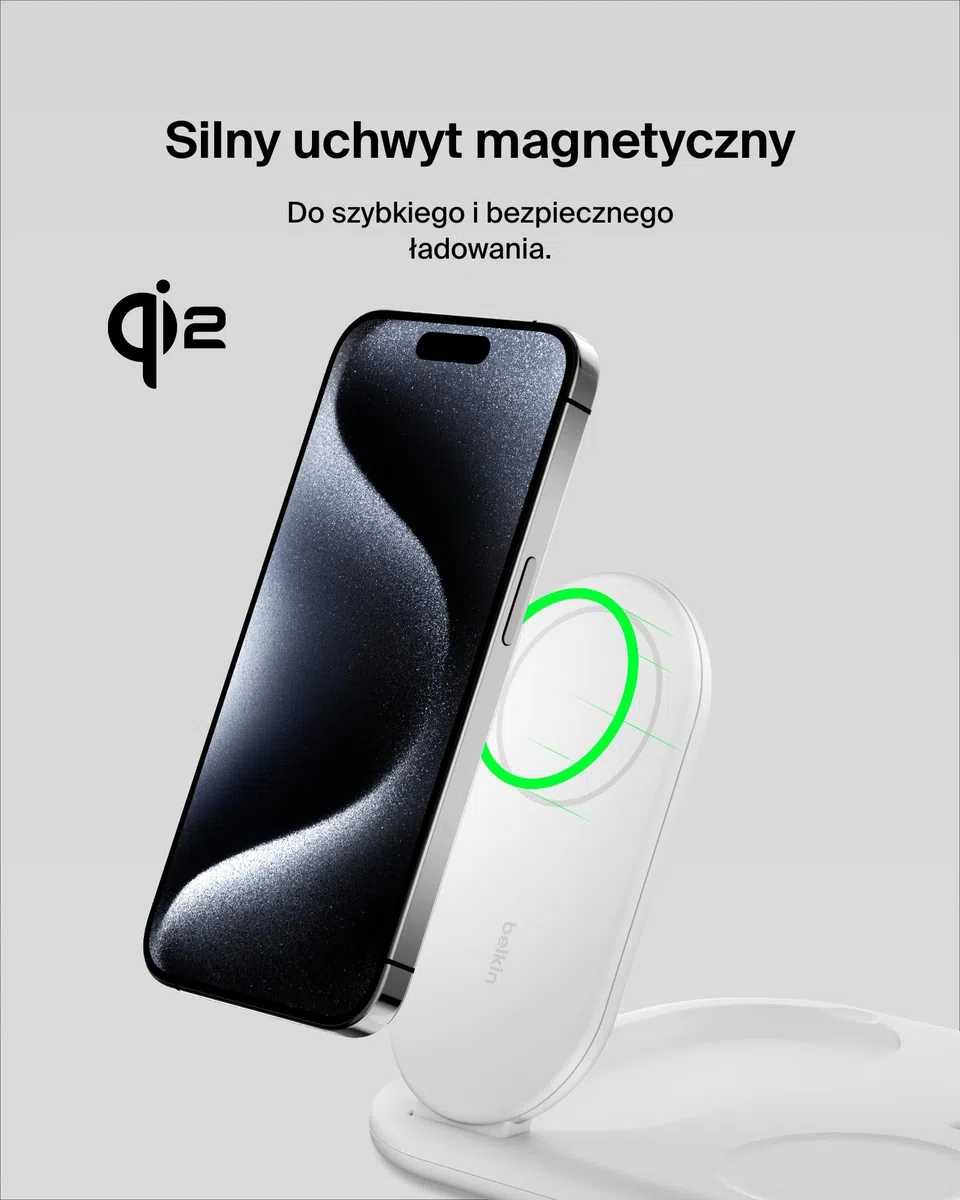 Belkin BoostCharge magnetyczna ładowarka ze składaną podstawką 3 w 1 z Qi2 15 W, szybka ładowarka zgodna z MagSafe, do urządzeń Apple iPhone 16/15/14, Apple Watch, AirPods, zasilacz w zestawie – biała