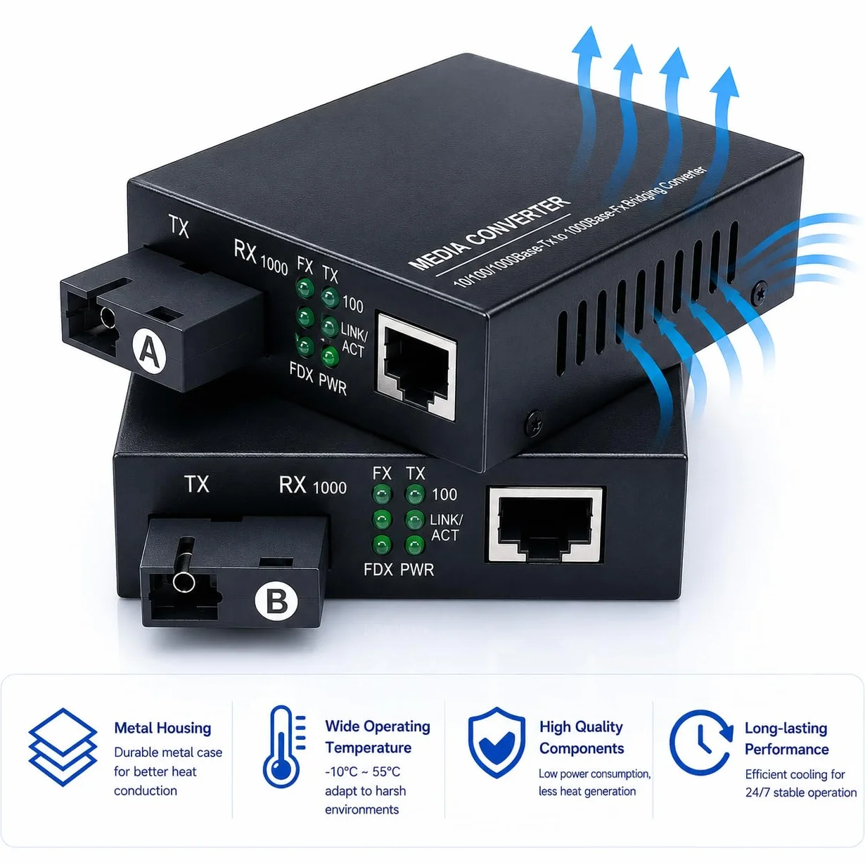 Elfcam - 2 x konwertery światłowodowe Ethernet na 10/100/1000M ze złączami światłowodowymi SC jednomodowe, 20 km (1 RJ45 x 1 RJ45)