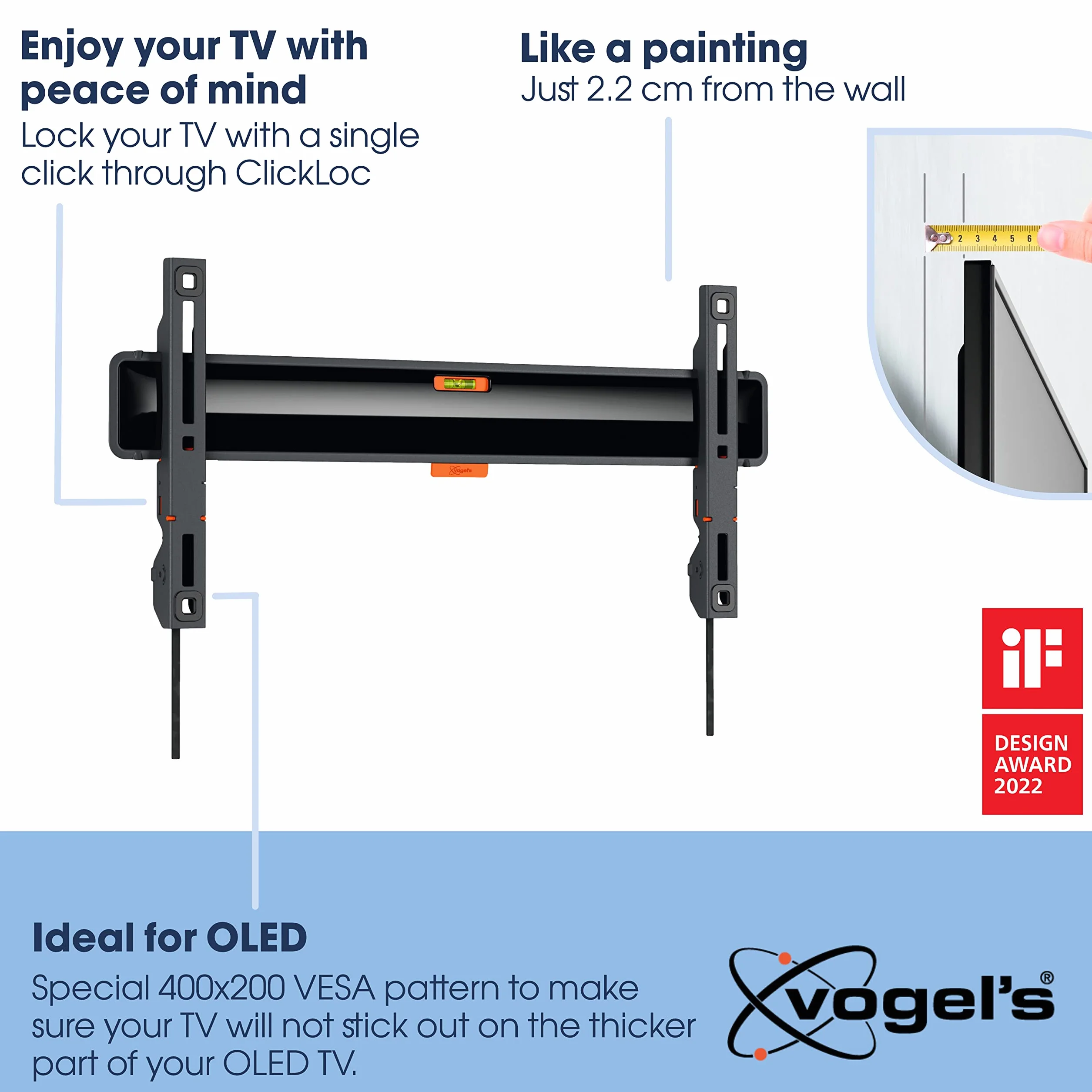 Vogel's TVM 3405SP płaski uchwyt ścienny OLED do telewizorów 32-77", maks. 50 kg, uchwyt TV maks. VESA 400 x 200, LG OLED, uniwersalna kompatybilność, odległość od ściany tylko 2,2 cm
