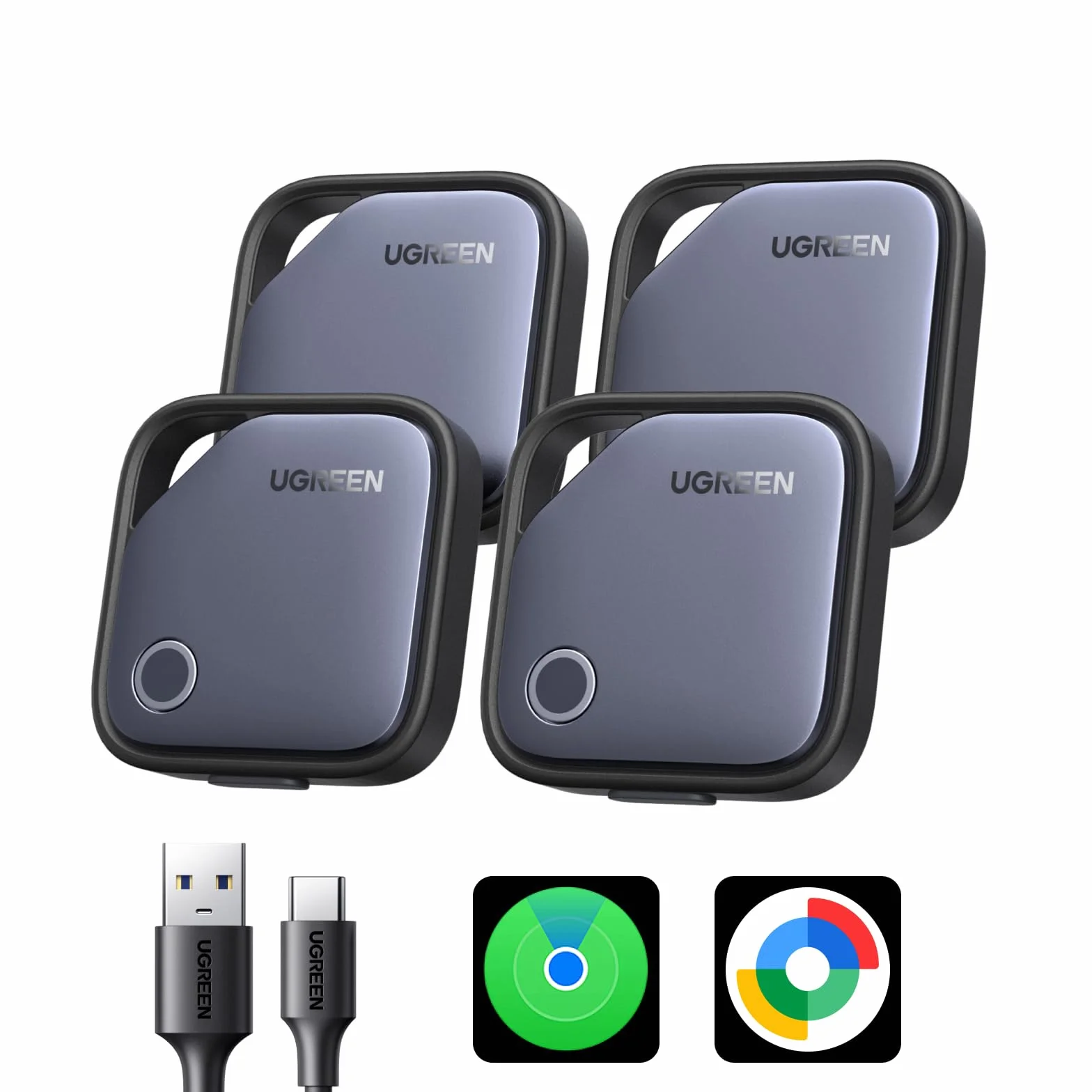 Zestaw 4 sztuk UGREEN FineTrack Duo dla systemu iOS lub Android, ładowalny tracker USB C kompatybilny z Apple Find My lub Google Find Hub, lokalizator kluczy i smarttag do plecaków, walizek itp.