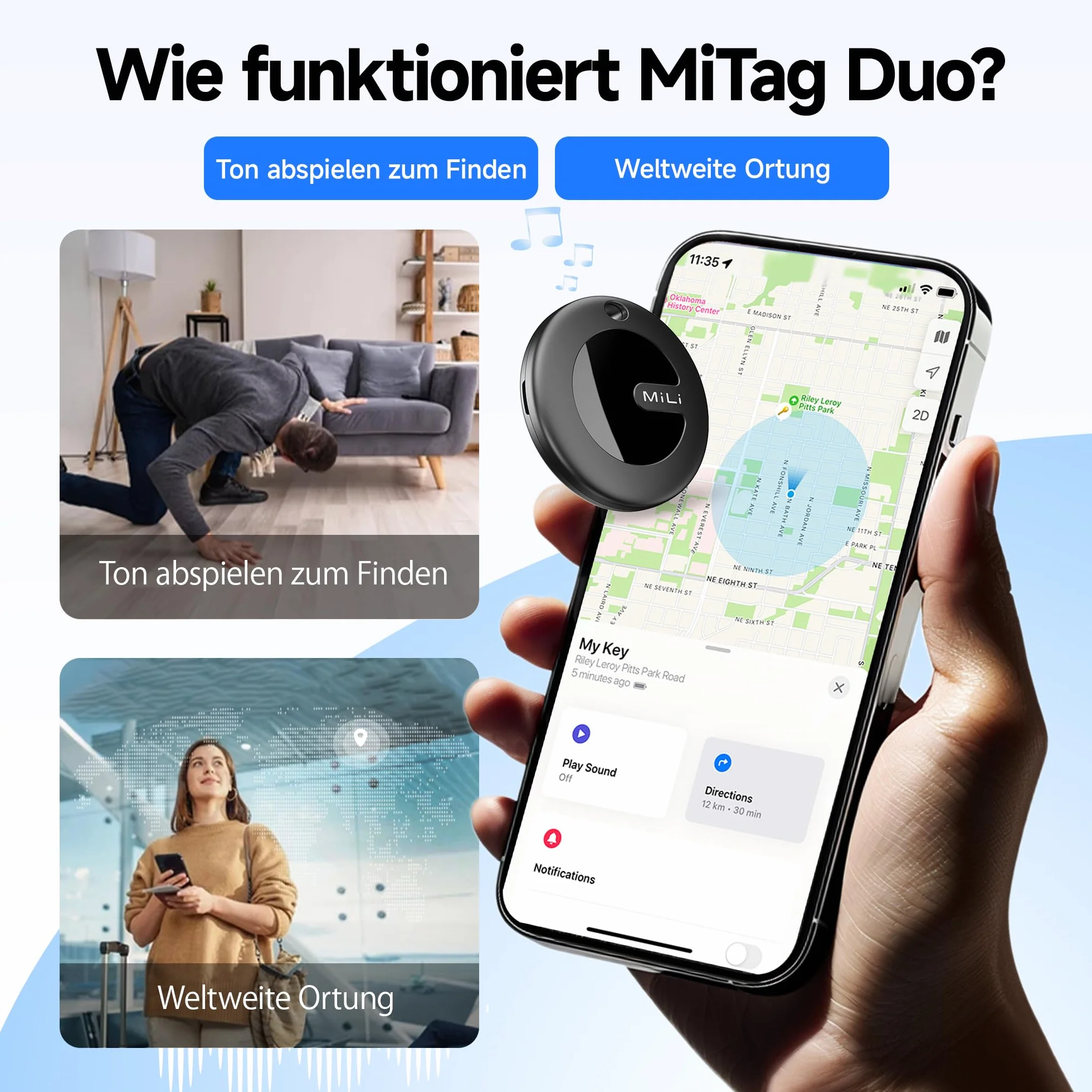 MiLi MiTag Duo Lokalizator Bluetooth dla Android i iOS, Inteligentny Tracker Kluczy i Bagażu, Kompatybilny z Google Znajdź moje urządzenie i Apple Find My, Z Wymienną Baterią, 4 Pack