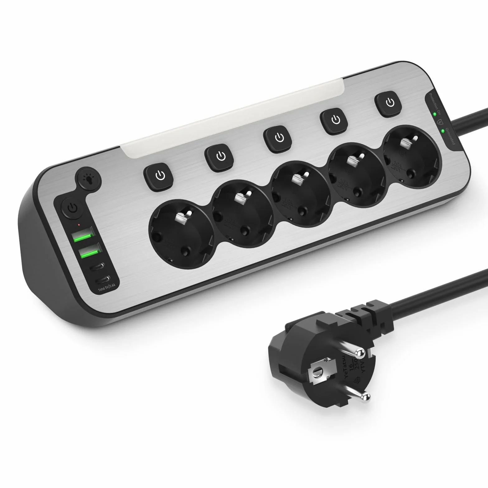 Listwa Zasilająca Przeciwprzepięciowa Gniazdo Narożne Stal Nierdzewna USB C 5 Gniazd Schuko Kabel 2M Czarna