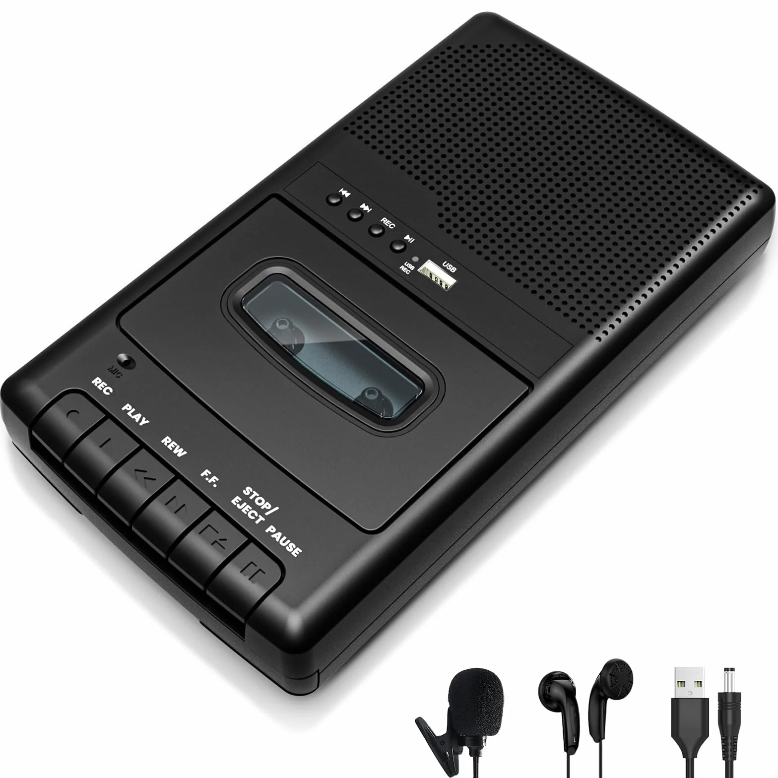 Przenośny magnetofon kasetowy z nagrywaniem One Touch, mobilny odtwarzacz kasetowy i digitizer USB, wbudowany głośnik, wysuwany uchwyt, słuchawki 3,5 mm, czarny
