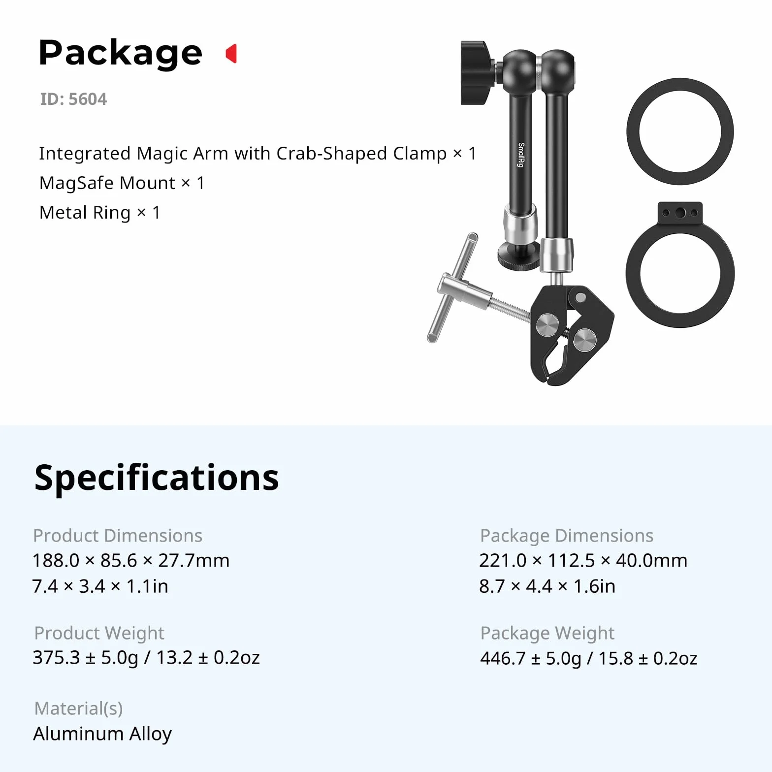 SMALLRIG Magic Arm 11 cali ze śrubą 1/4", uchwyt MagSafe, magnetyczny pierścień adaptacyjny do iPhone, Android, kamer - 5604