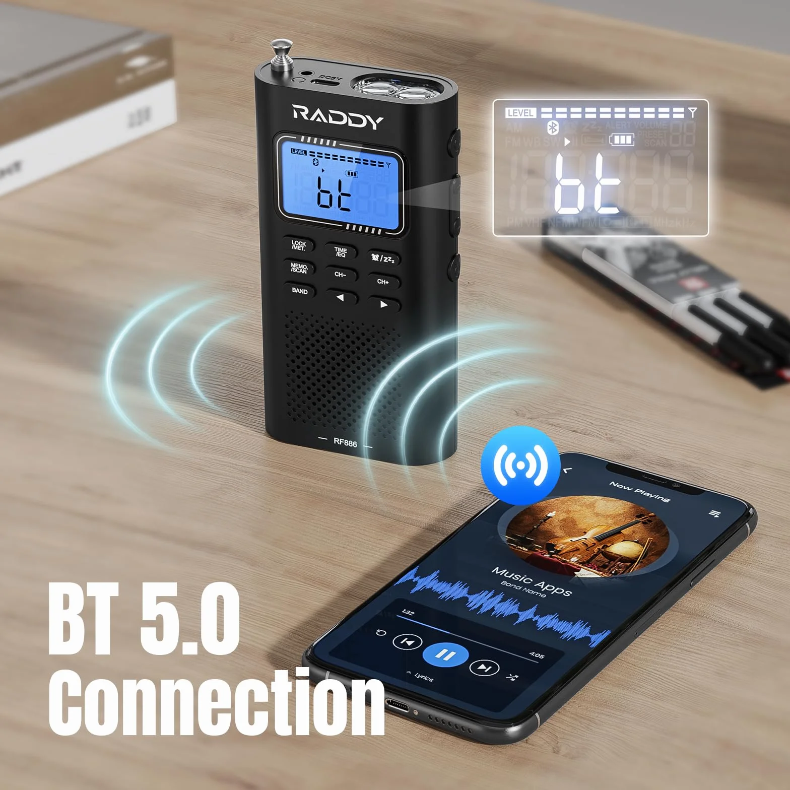 Raddy RF886 Przenośne radio krótkofalowe AM/FM/SW/UKW z głośnikiem BT i anteną 3m