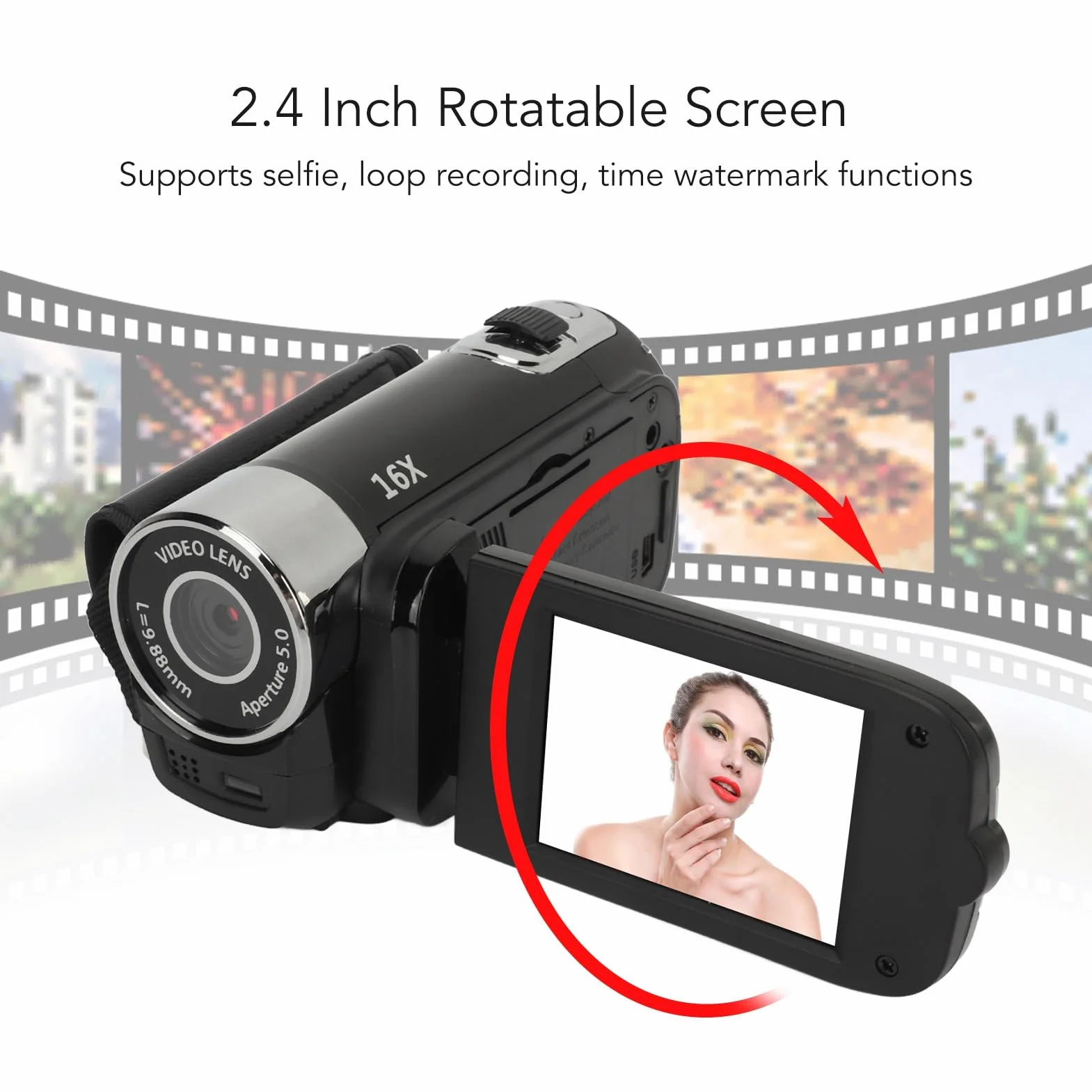 Kamera Wideo Kamera Cyfrowa 1080P 16 MP Kamera z Obrotowym Ekranem 2,4 Cala Kamera z 16-krotnym Zoomem Cyfrowym i światłem Wypełniającym (BLACK)
