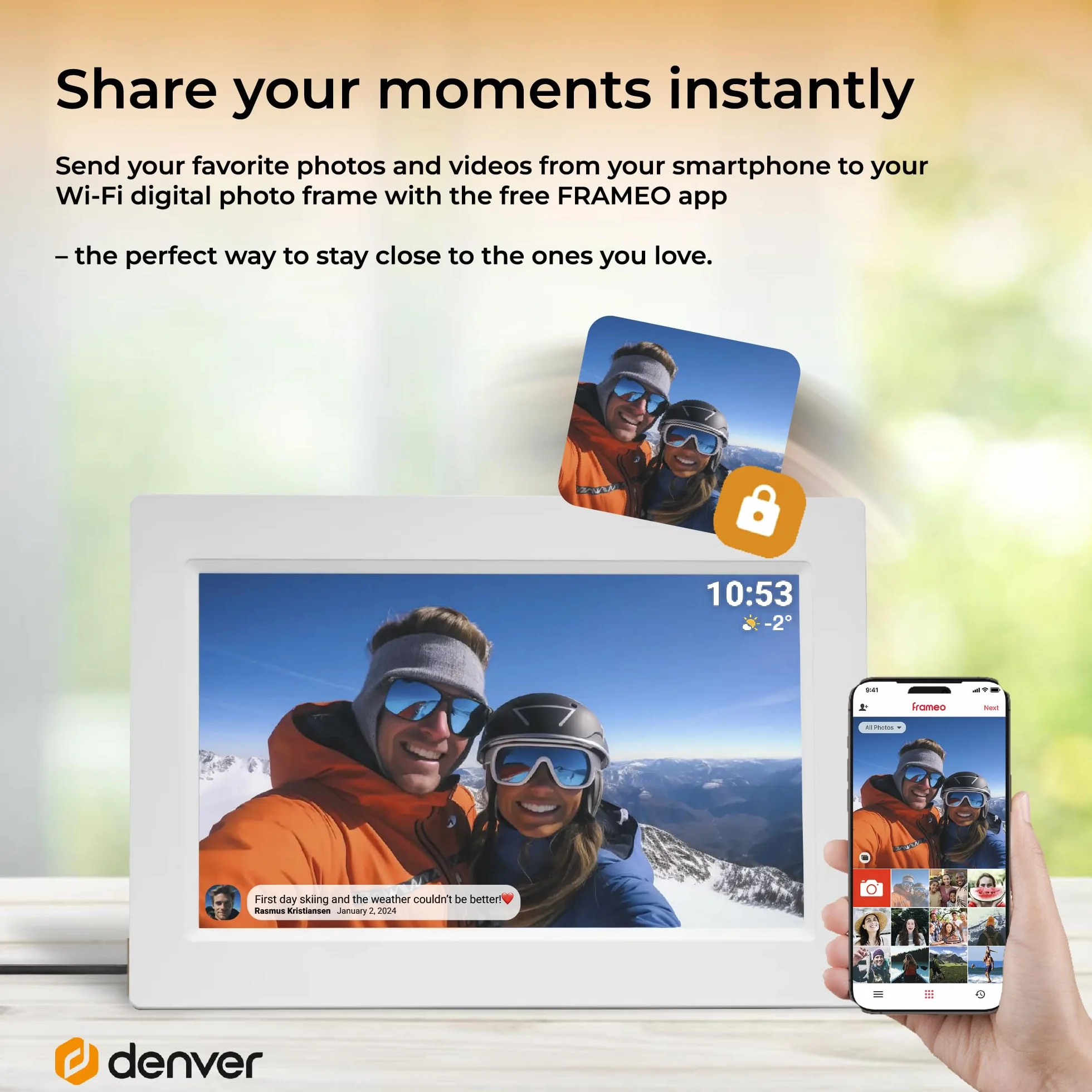 Denver Cyfrowa ramka na zdjęcia, biała, 10,1 cala z Wi-Fi – Frameo Digital Photo Frame Frame Frame z ekranem dotykowym i pamięcią 16 GB – elektryczna ramka na zdjęcia ze sterowaniem za pomocą