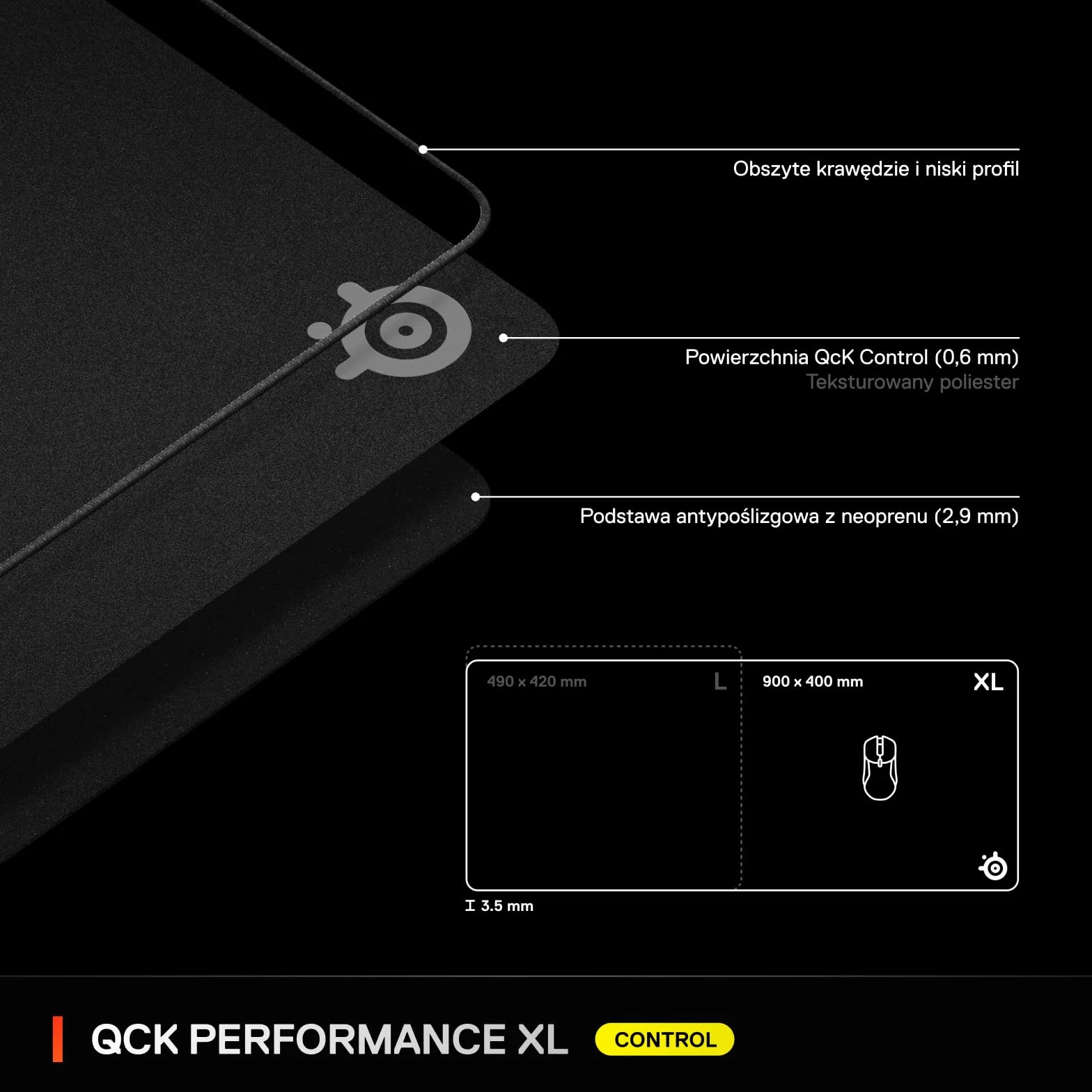 SteelSeries, podkładka QcK XL Performance Control - Dodatkowa gęstość dająca poślizg - Niskoprofilowe przeszycia krawędzi - Antypoślizgowa podstawa z neoprenu - Rozm. 900 x 400 mm - FPS,MOBA,RTS,MMO