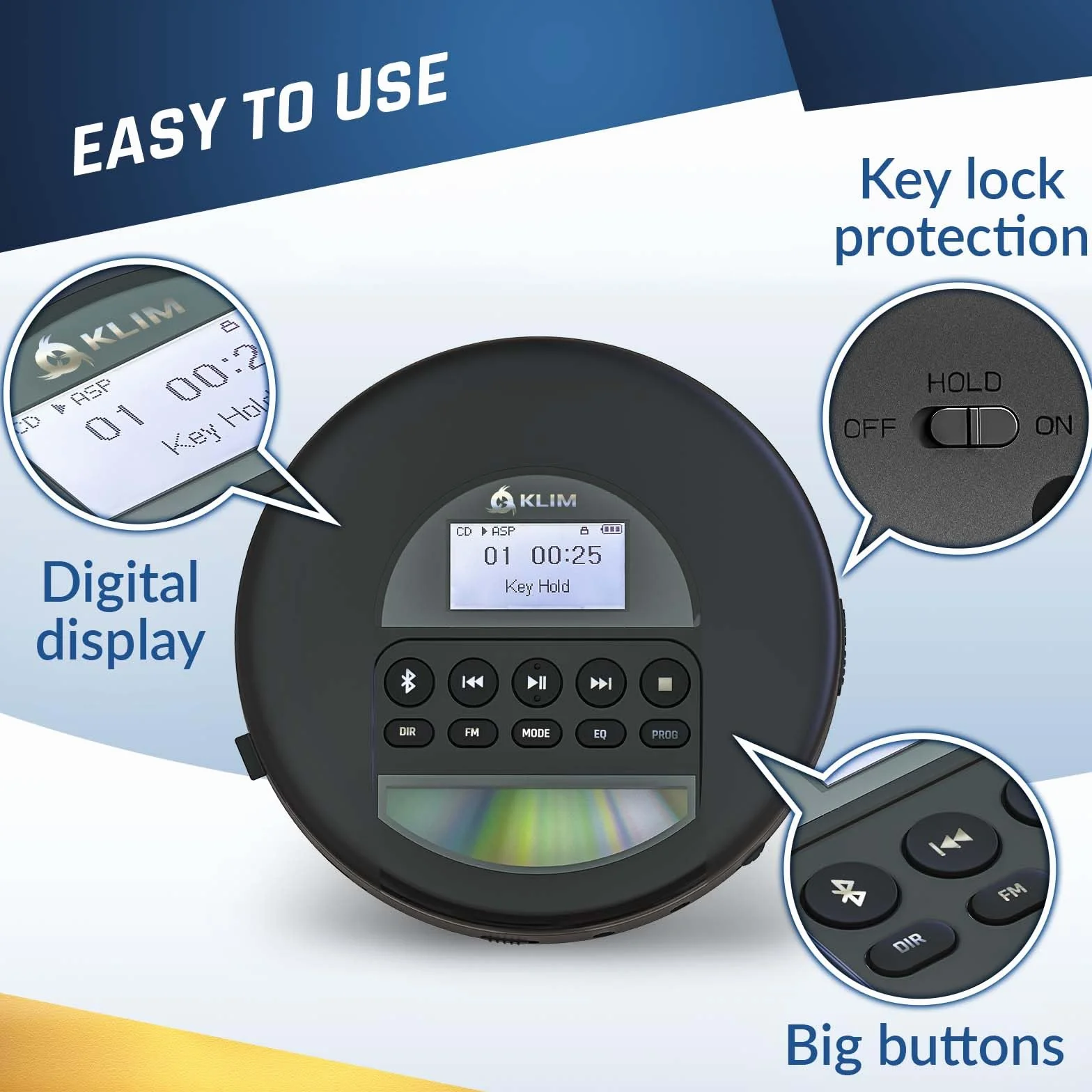 KLIM Nomad Discman przenośny odtwarzacz CD z długotrwałą baterią, ze słuchawkami, radio FM, kompatybilny odtwarzacz MP3, CD, radio FM, Bluetooth, idealny do samochodów, nowa wersja, kolor srebrny